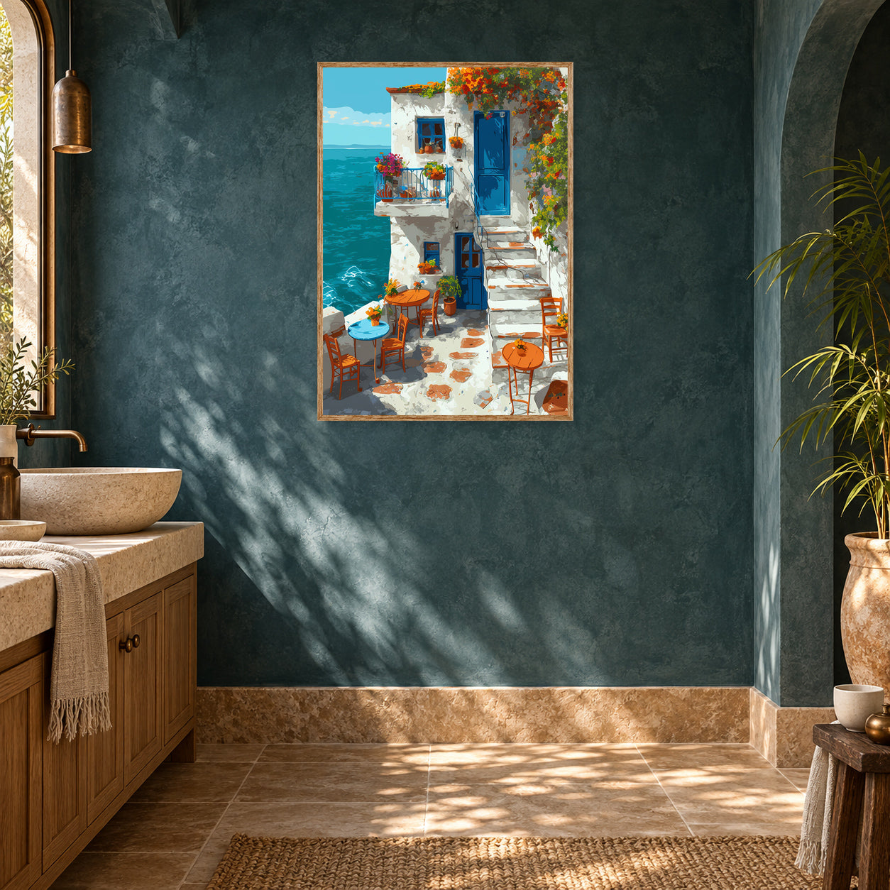 Symi Greek Island Blue Door Cafe Wall Art Print room mockup 2