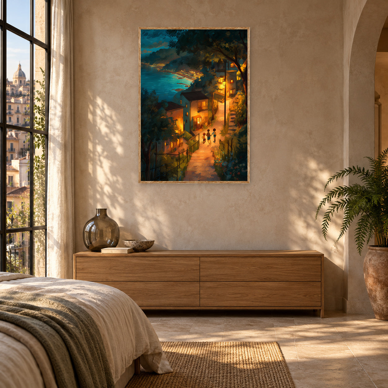 Cefalu Sicily Coastal Village Night Wall Art Print room mockup 2