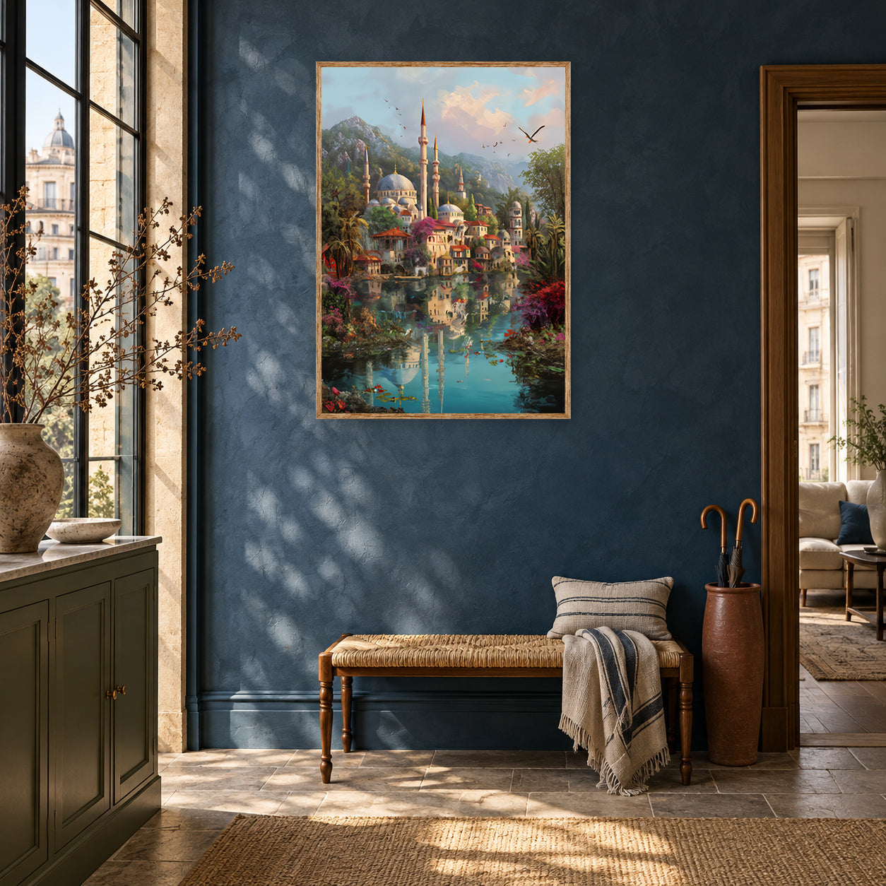 Bodrum Turkish Coastal Minaret Bird Wall Art Print room mockup 2