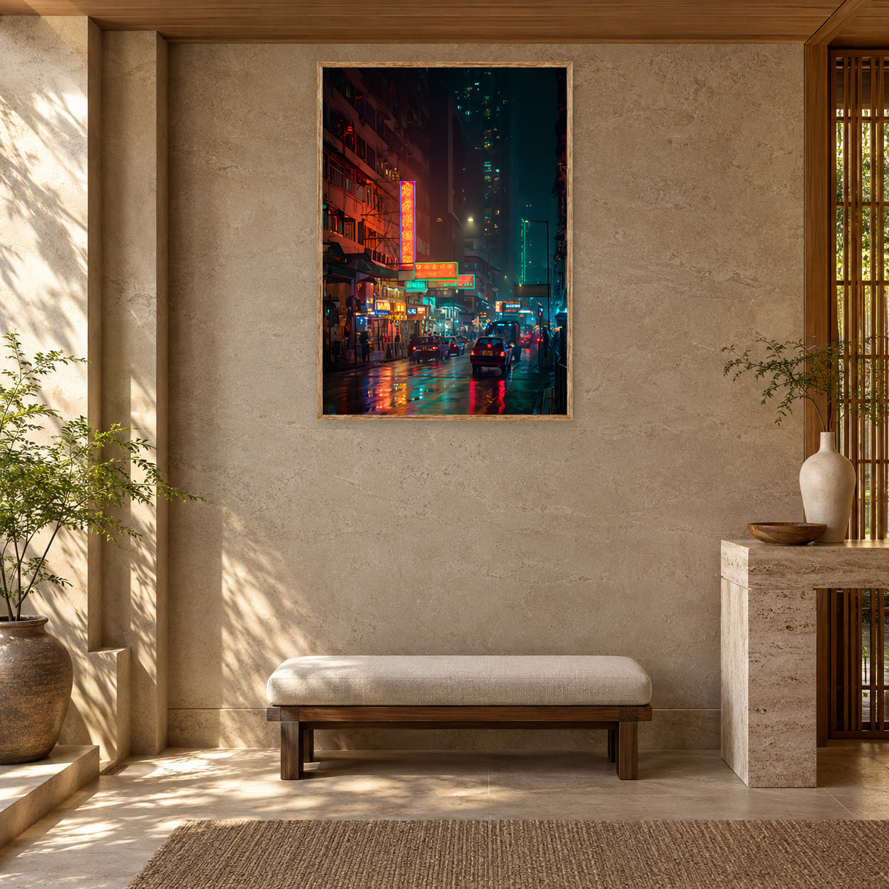 Yee Wo Street Causeway Bay Hong Kong Rainy Taxi Wall Art Print room mockup 2