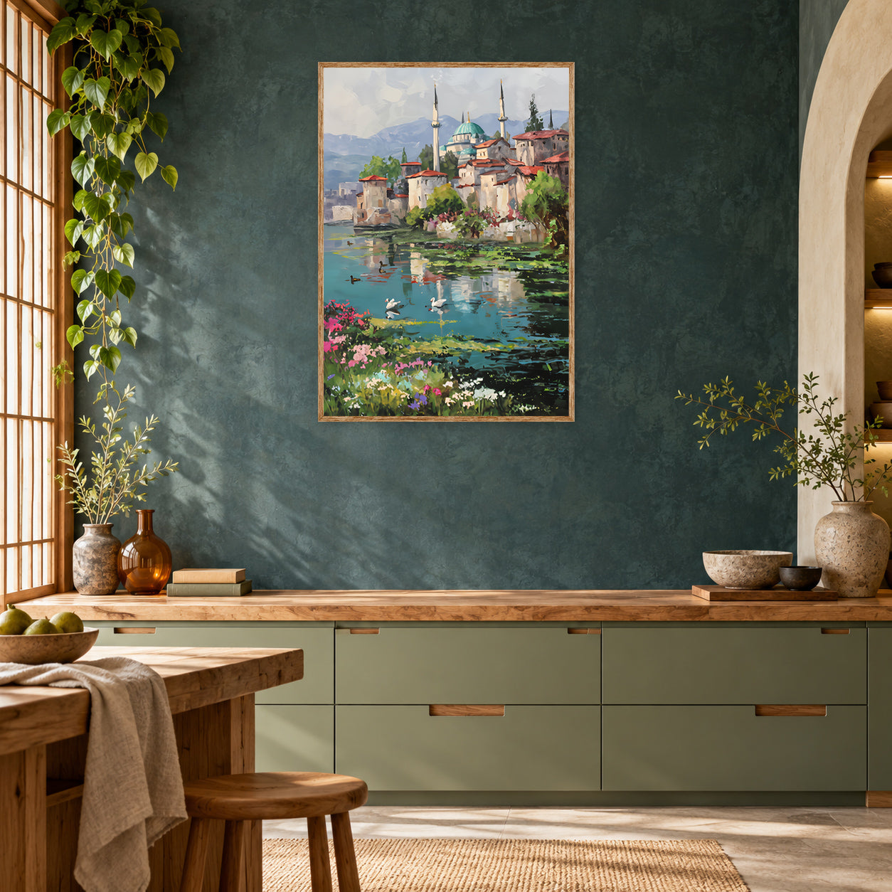 Iznik Lakeside Mosque Swans Wall Art Print room mockup 2