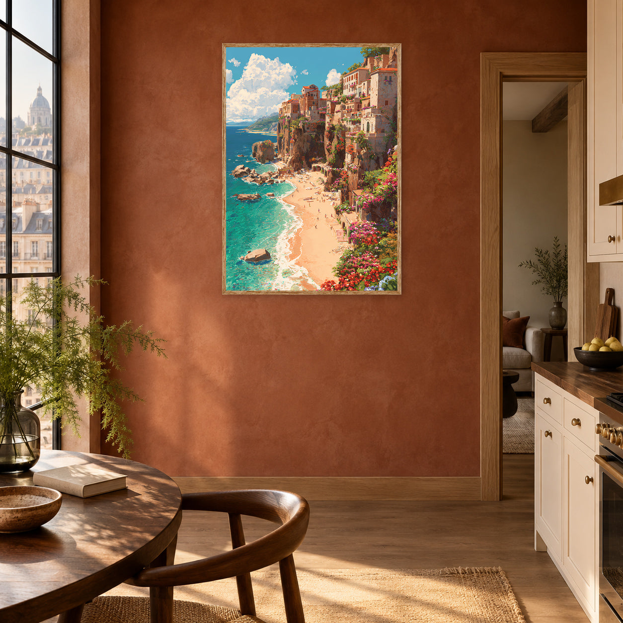 Eze Cliffside Beach Wall Art Print room mockup 2