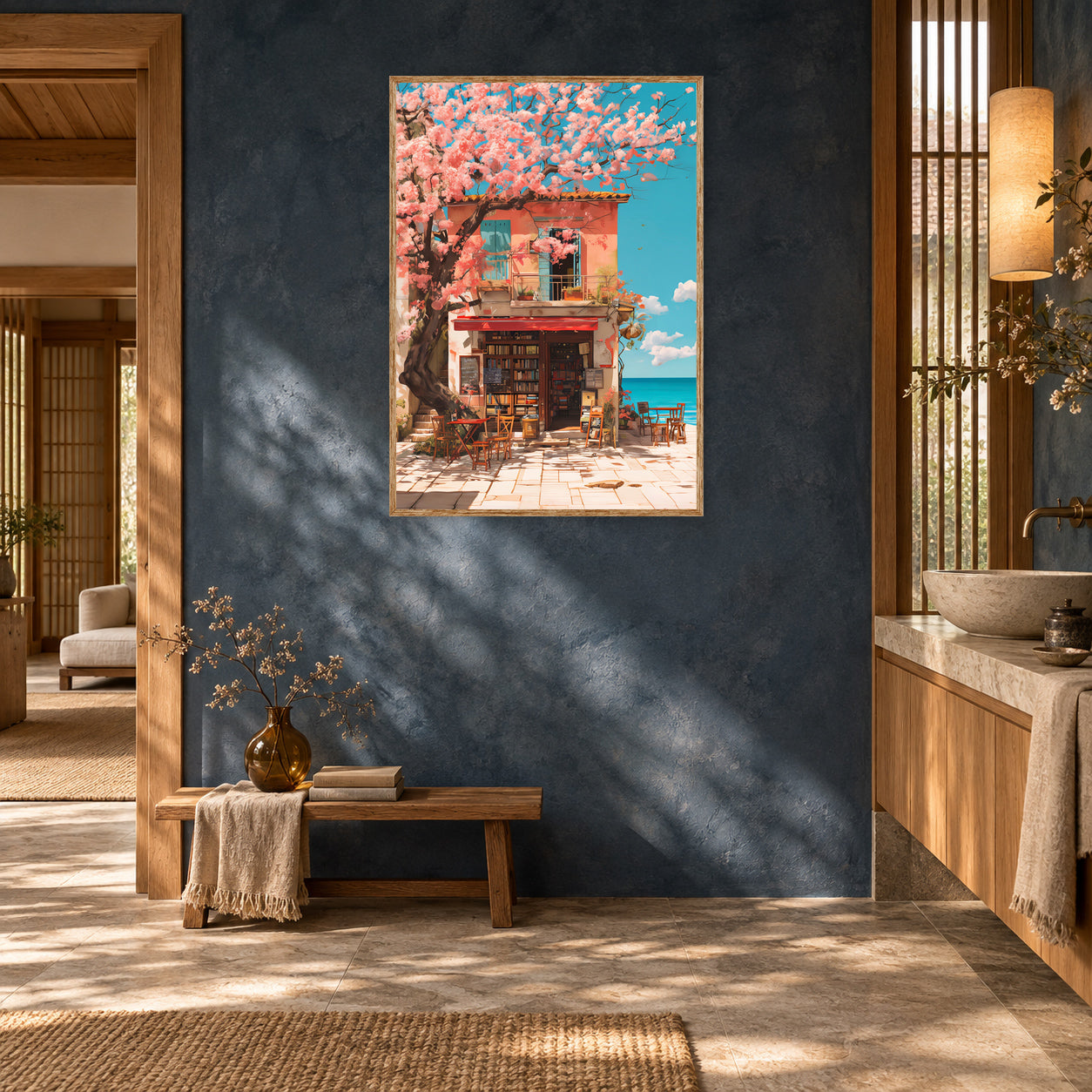 Tokyo Cherry Blossom Bookstore Wall Art Print room mockup 2