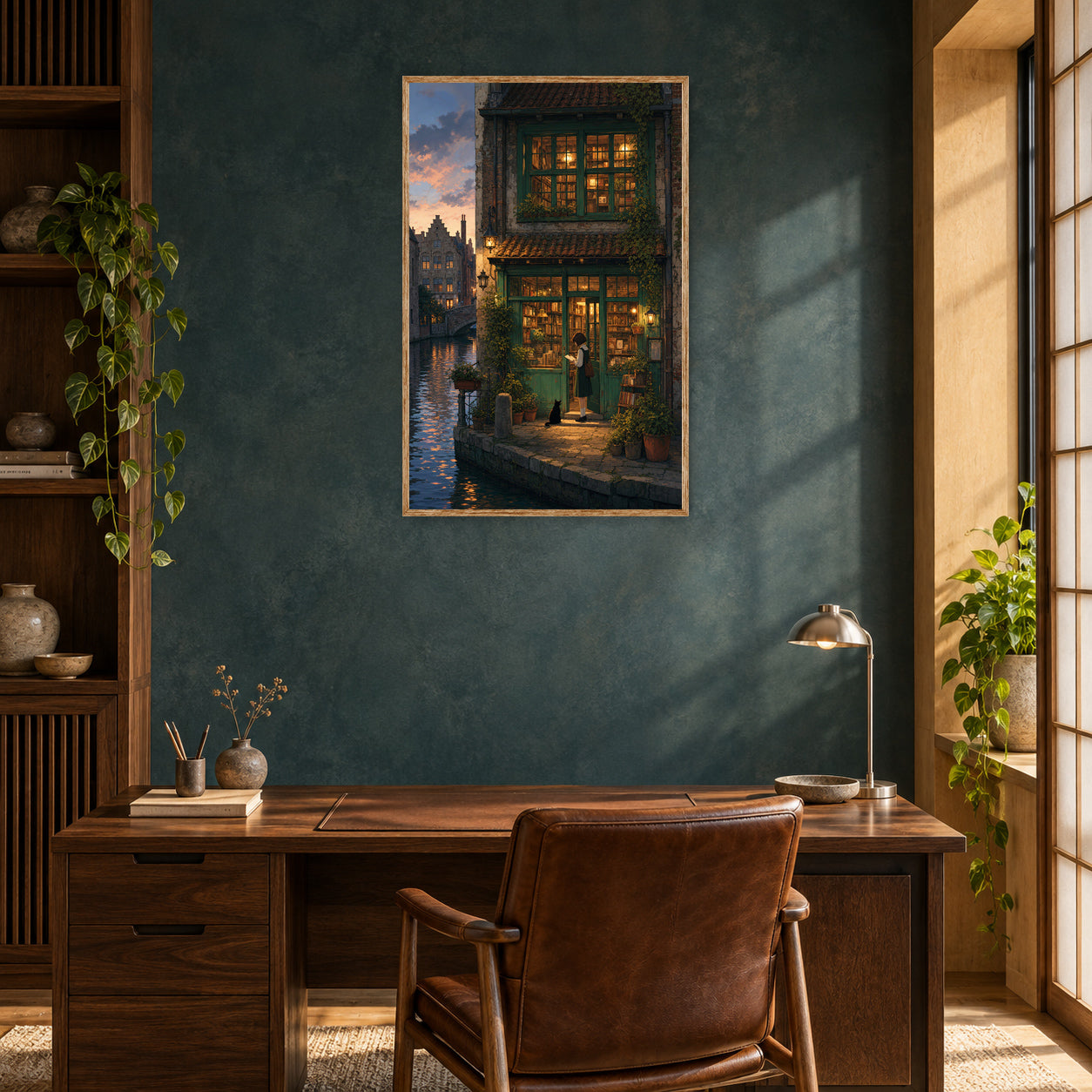 Bruges Canal Dusk Bookshop Wall Art Print room mockup 2