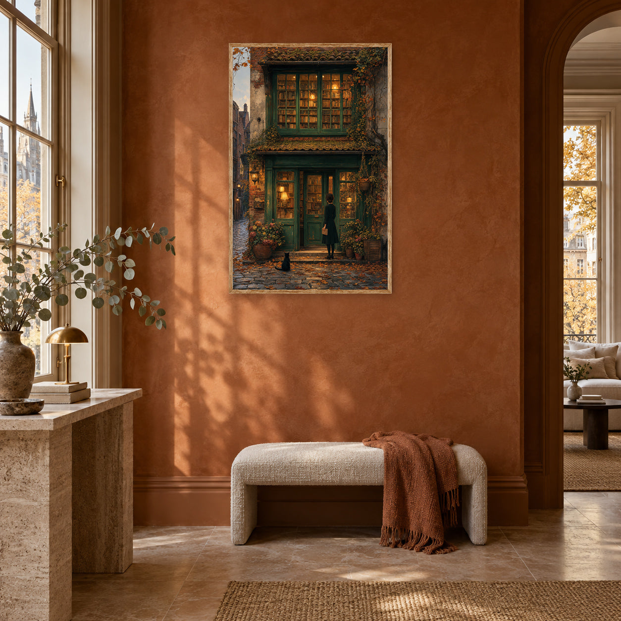 Bruges Autumn Bookshop Window Wall Art Print room mockup 2