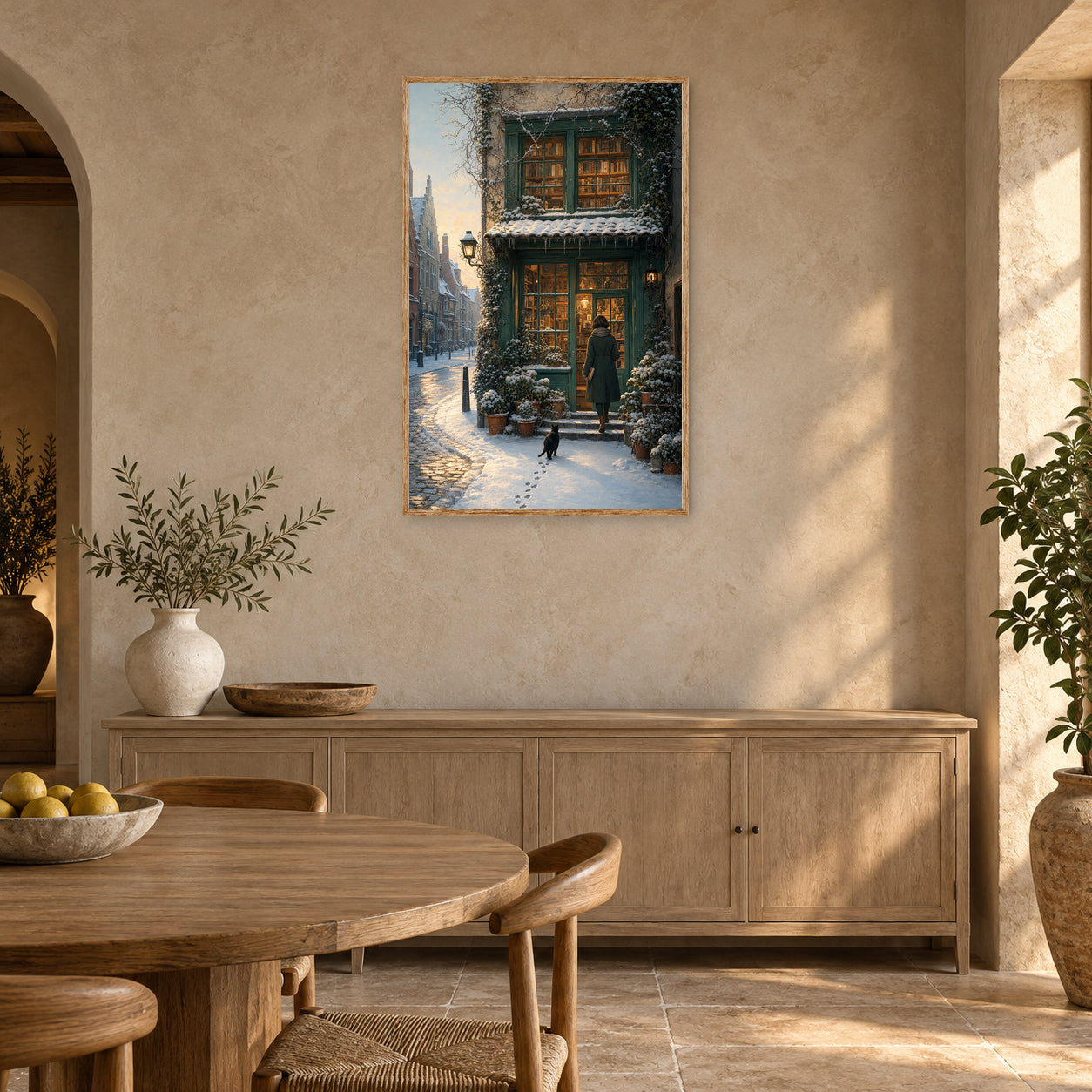 Bruges Winter Dawn Bookshop Wall Art Print room mockup 2