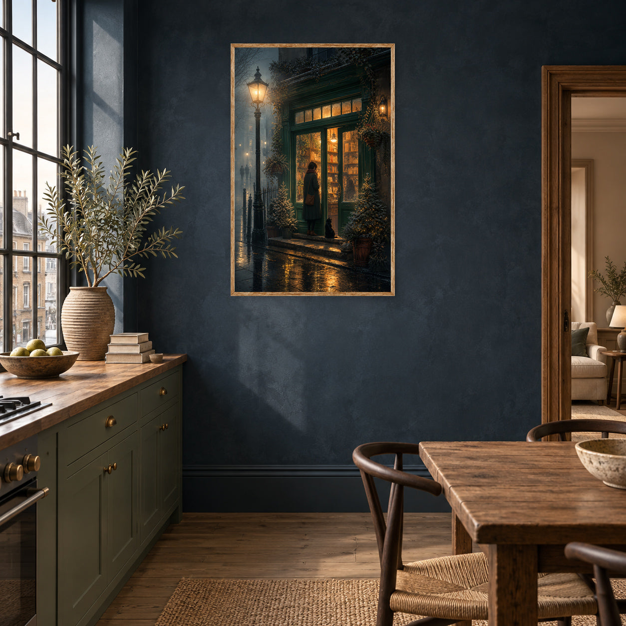 Notting Hill London Fogbound Midnight Bookshop Wall Art Print room mockup 2