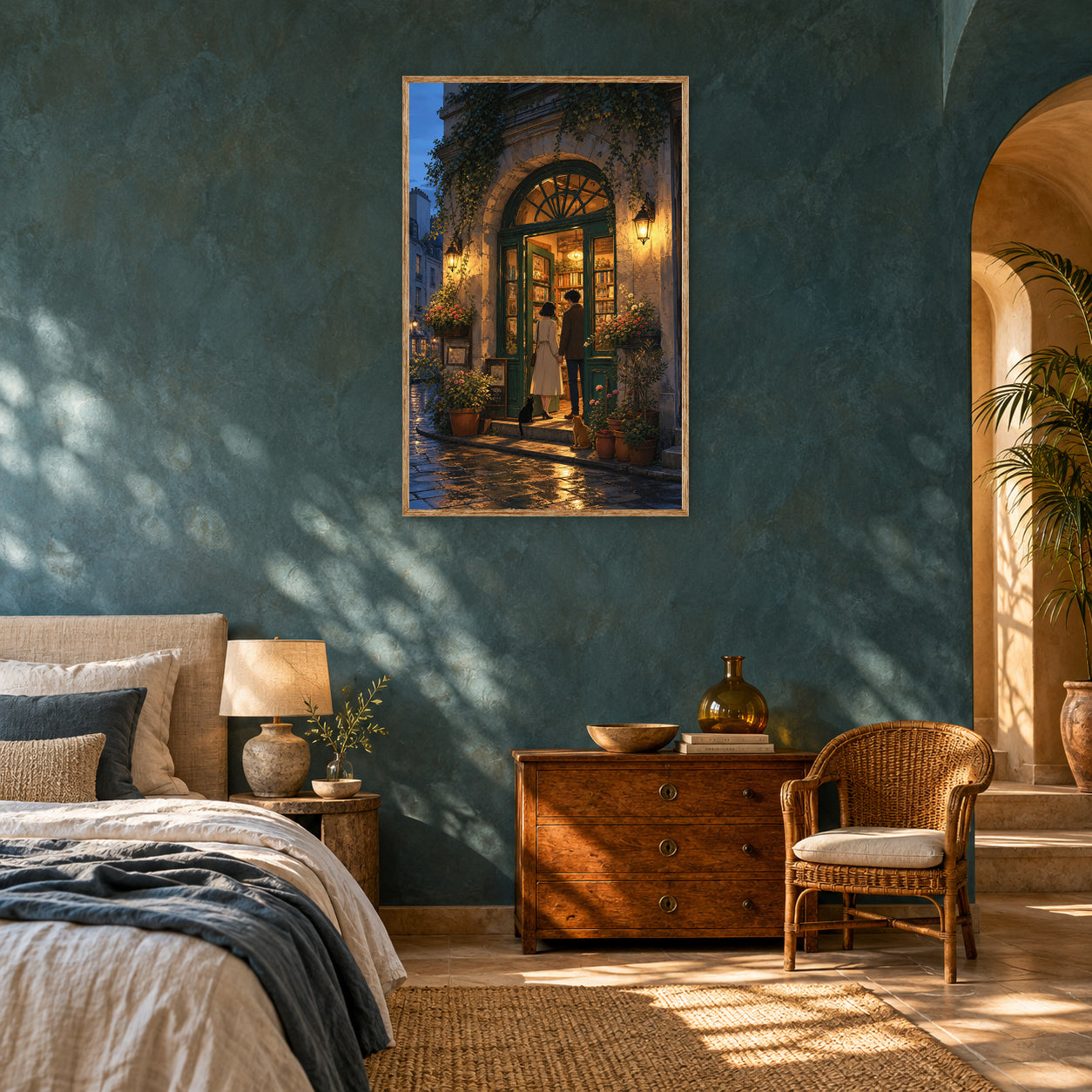 Paris Left Bank Blue Hour Bookshop Doorway Wall Art Print room mockup 2