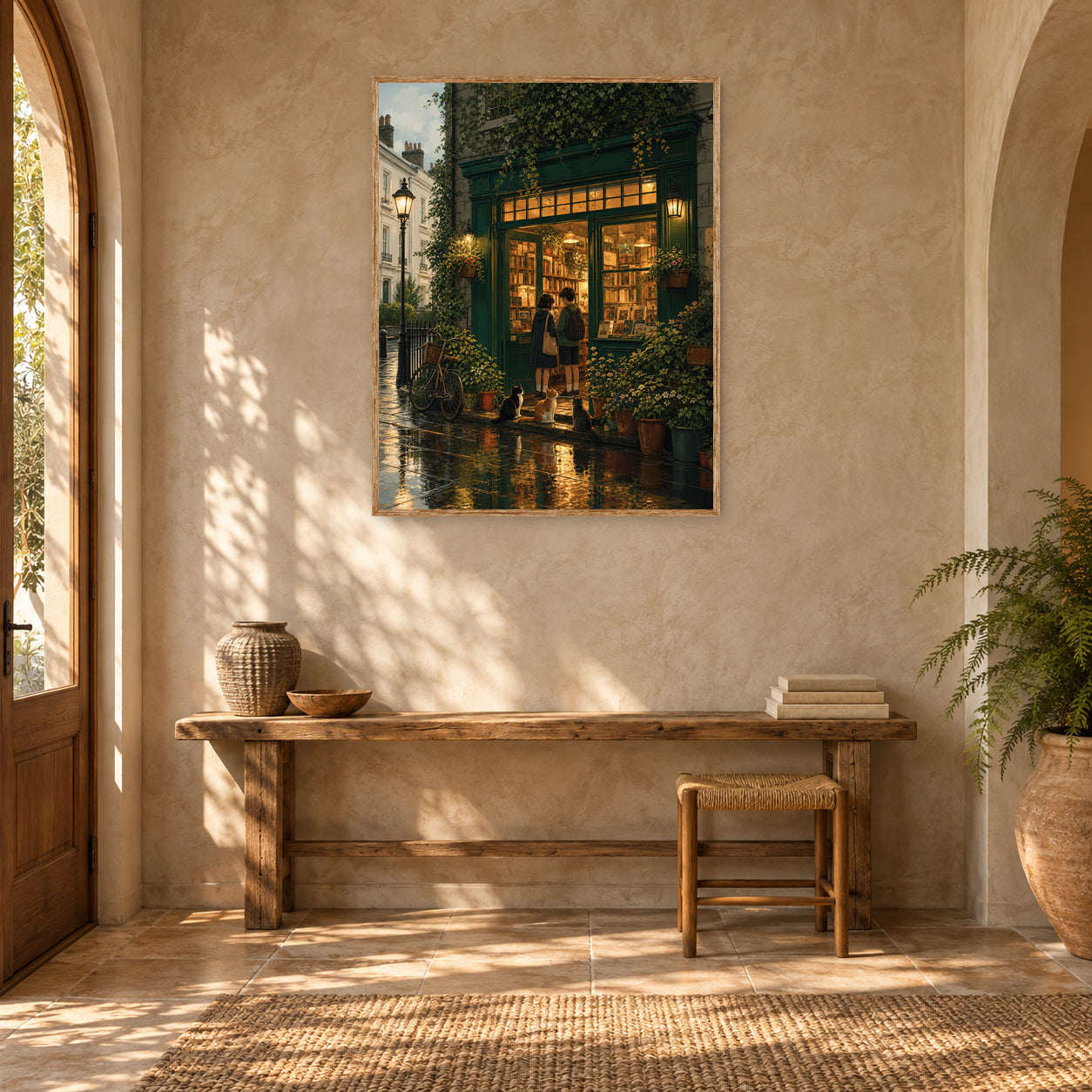 Paris Rainy Bookstore Evening Wall Art Print room mockup 2