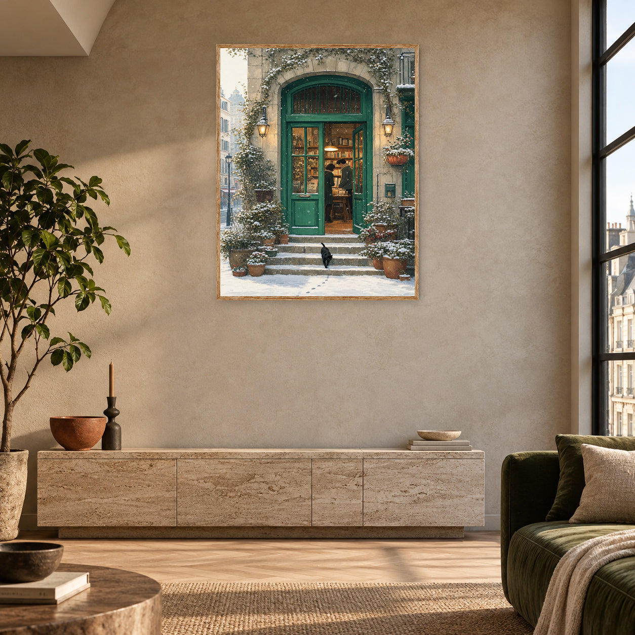 Bruges Snowy Green Door Bookstore Wall Art Print room mockup 2