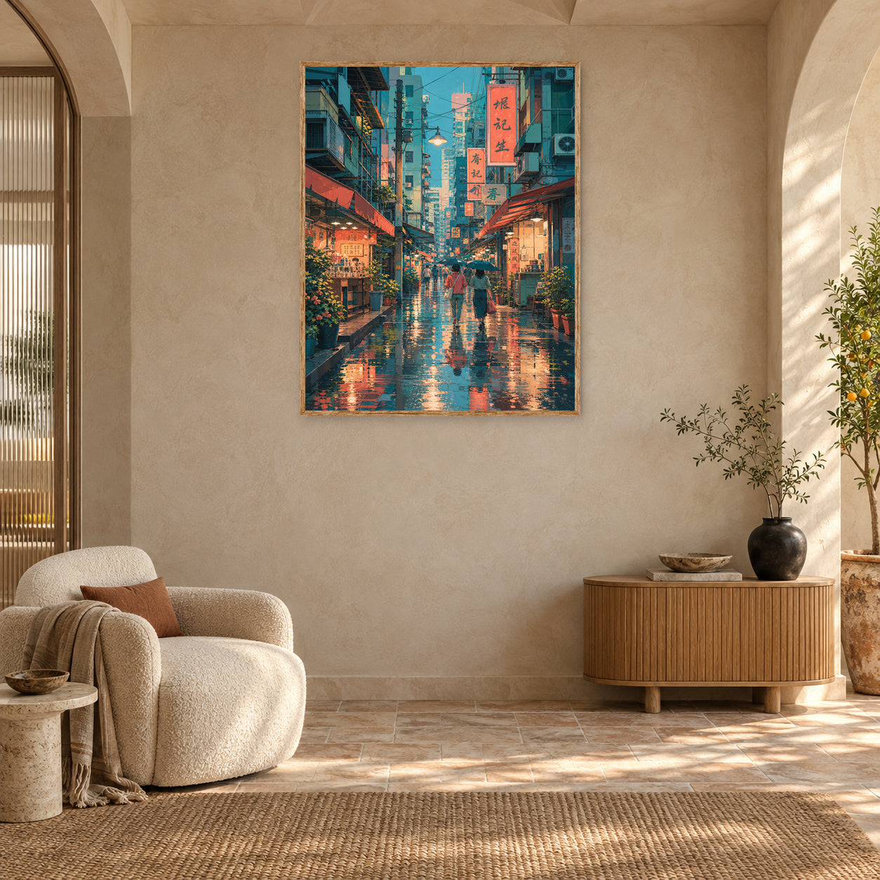 Wan Chai Hong Kong Rain Alley Wall Art Print room mockup 2