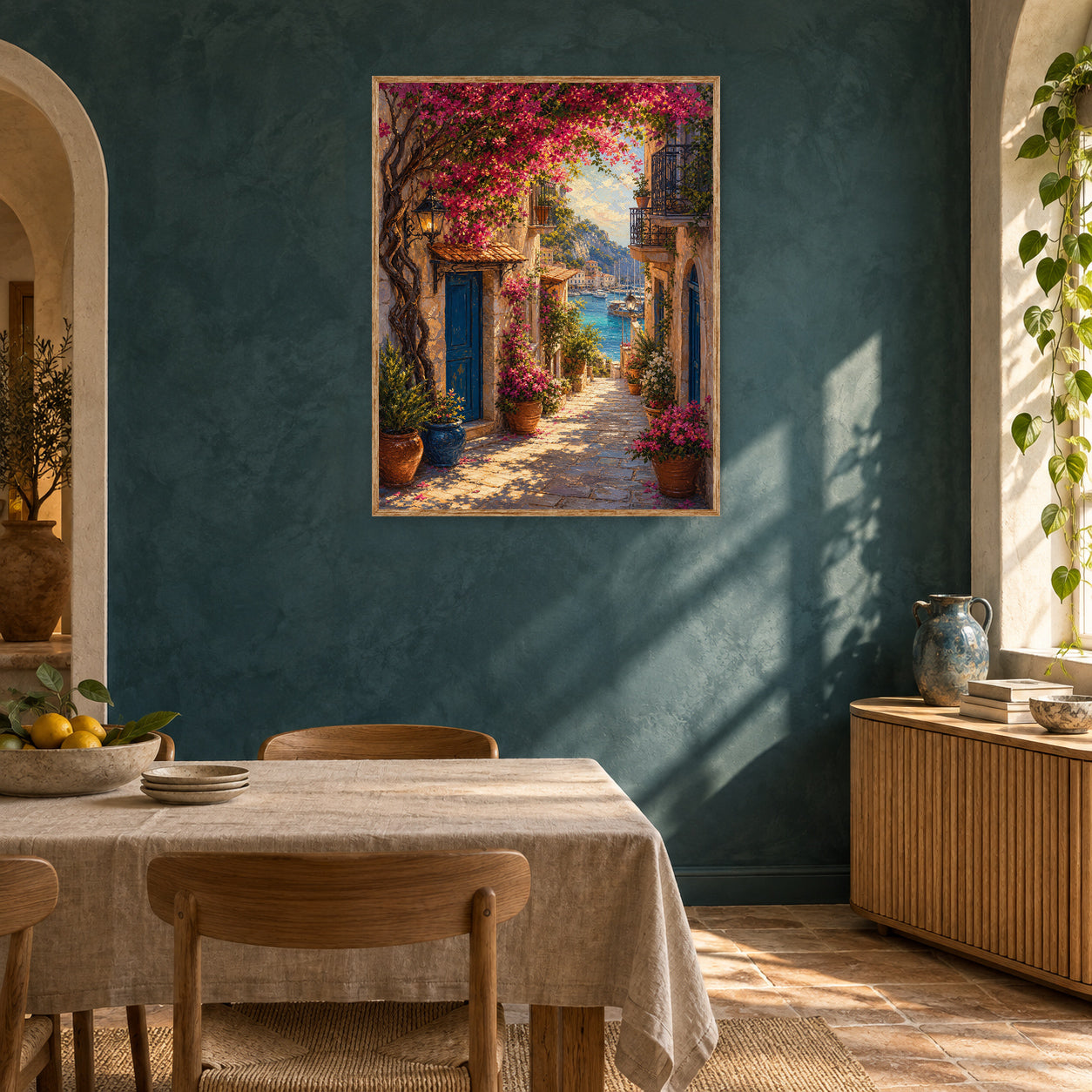 Bougainvillea Mediterranean Alley Wall Art Print room mockup 2