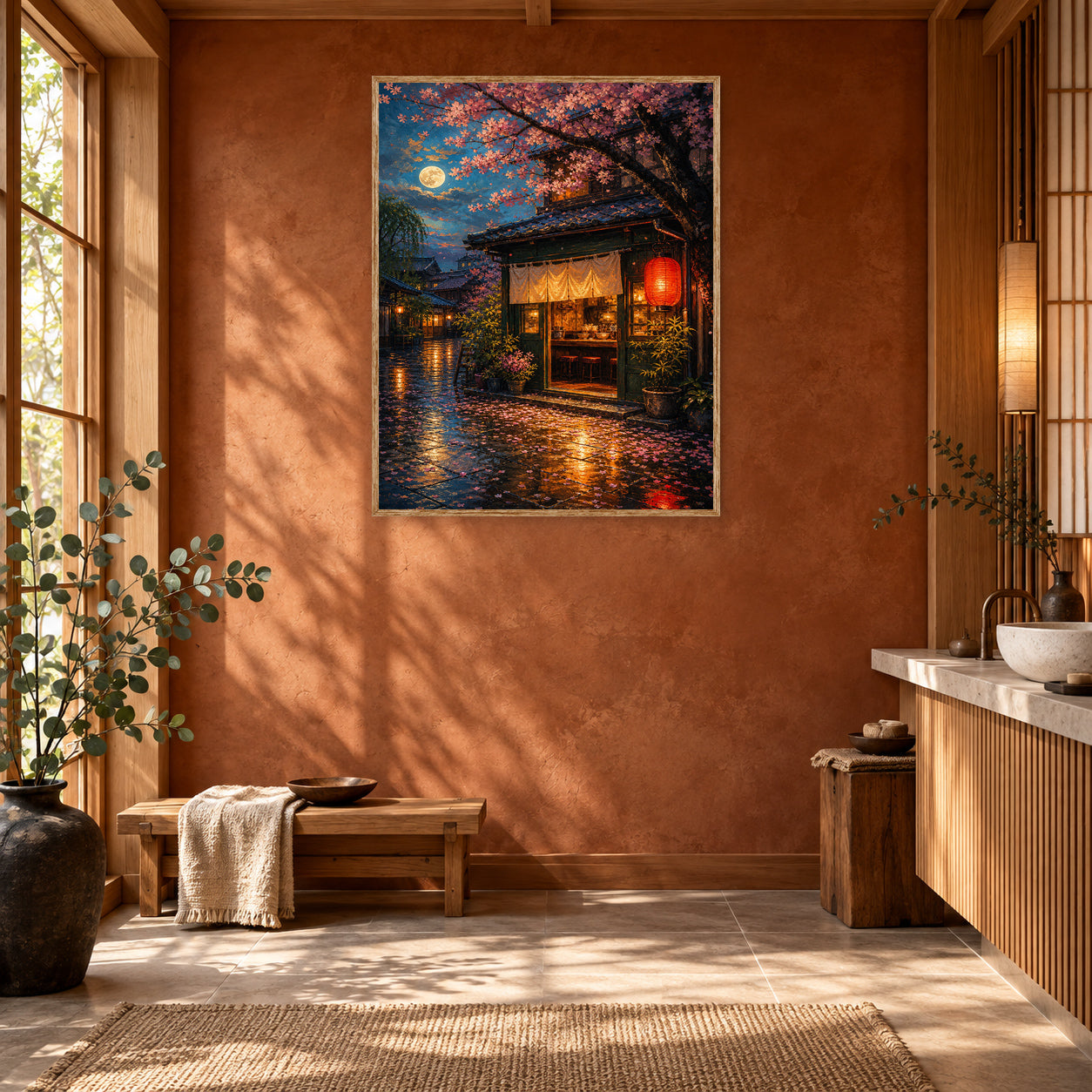 Kyoto Rainy Lantern Street Wall Art Print room mockup 2