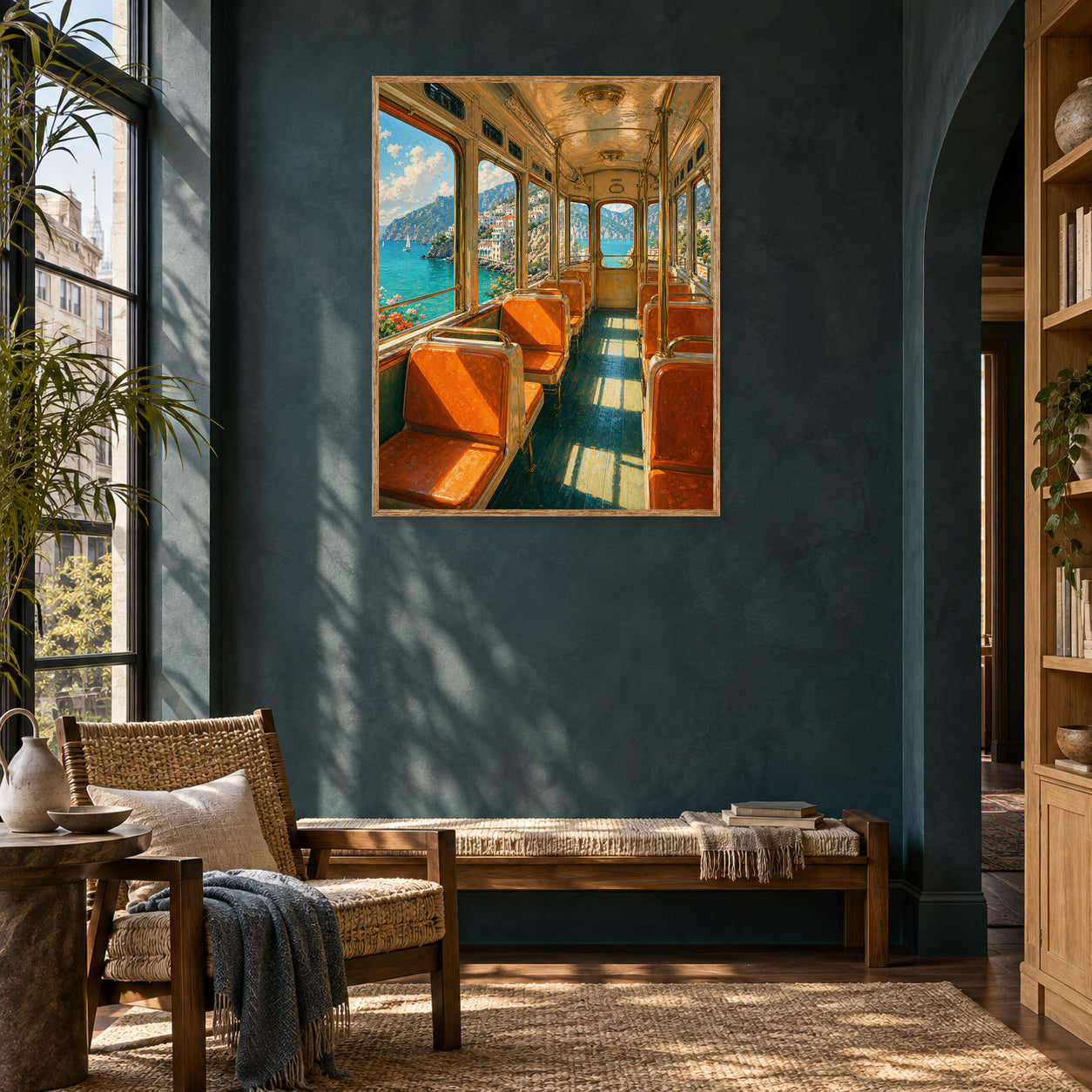 Vintage Coastal Train Car Wall Art Print room mockup 2