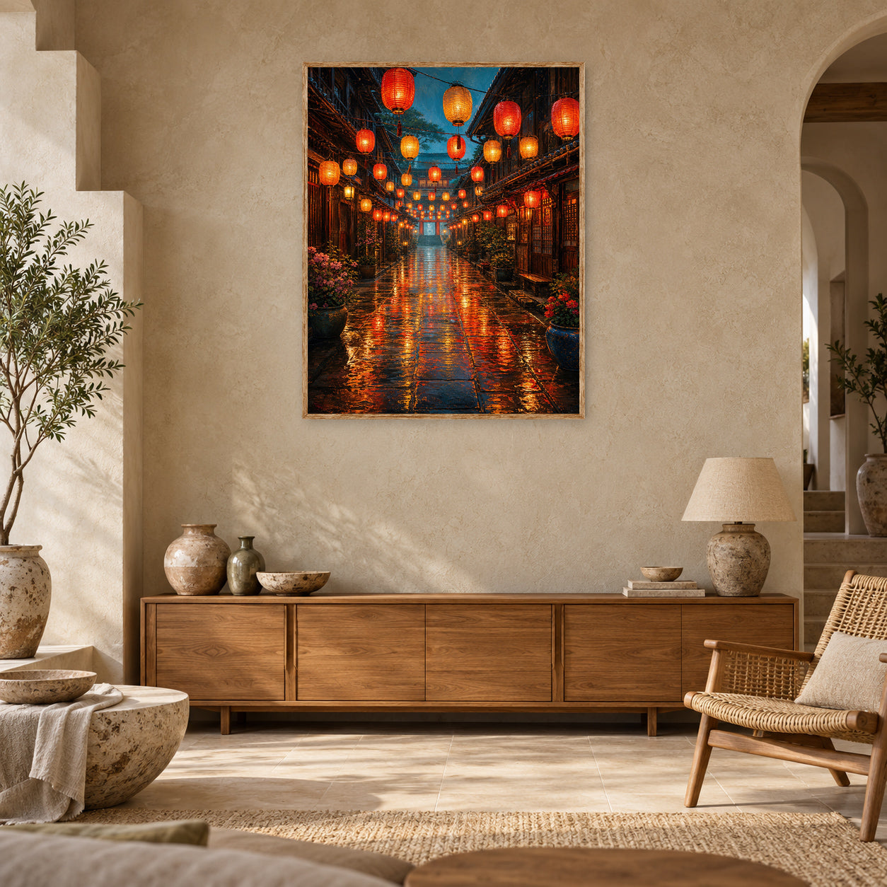 Lantern Market Rain Street Wall Art Print room mockup 2