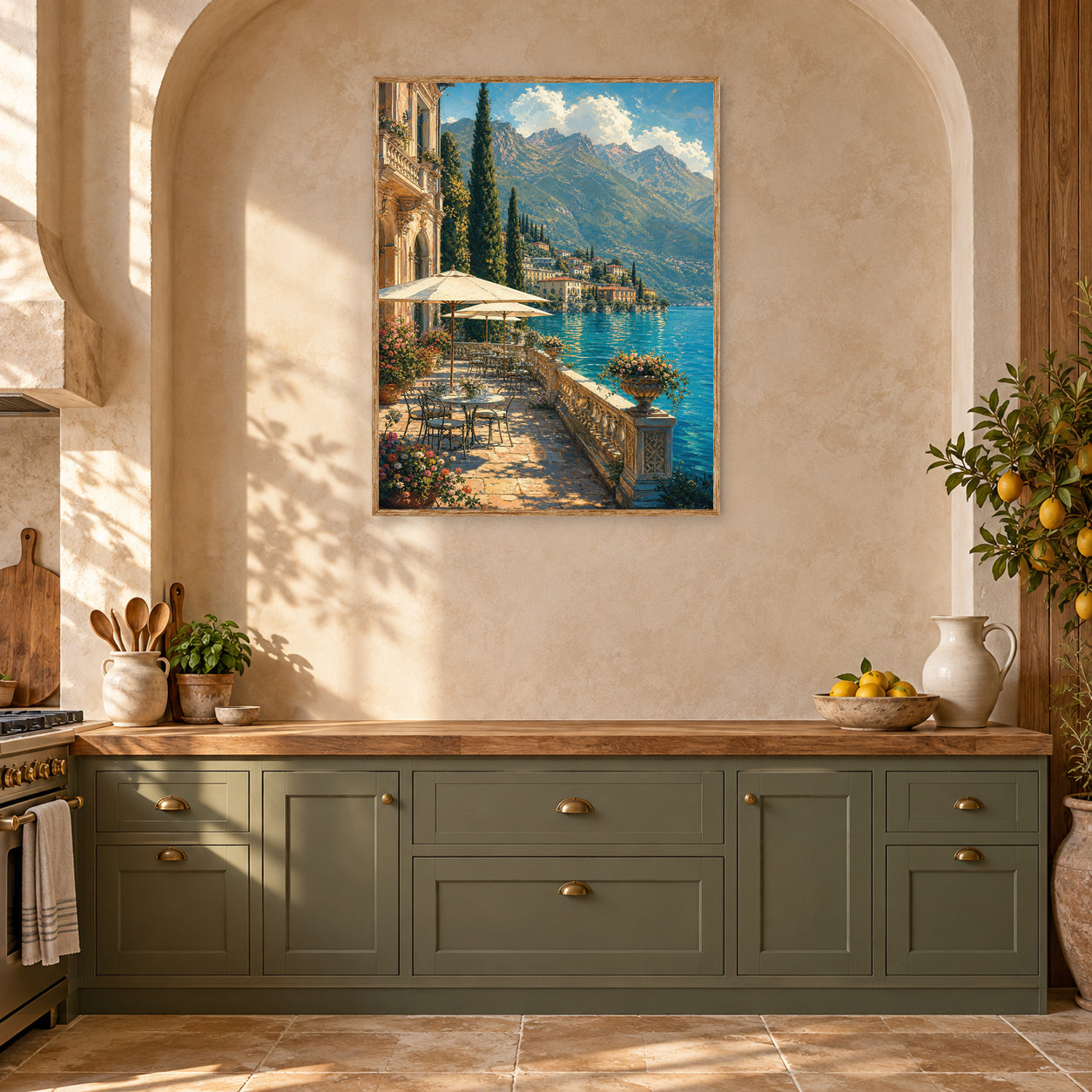 Lake Como Waterfront Village Wall Art Print room mockup 2