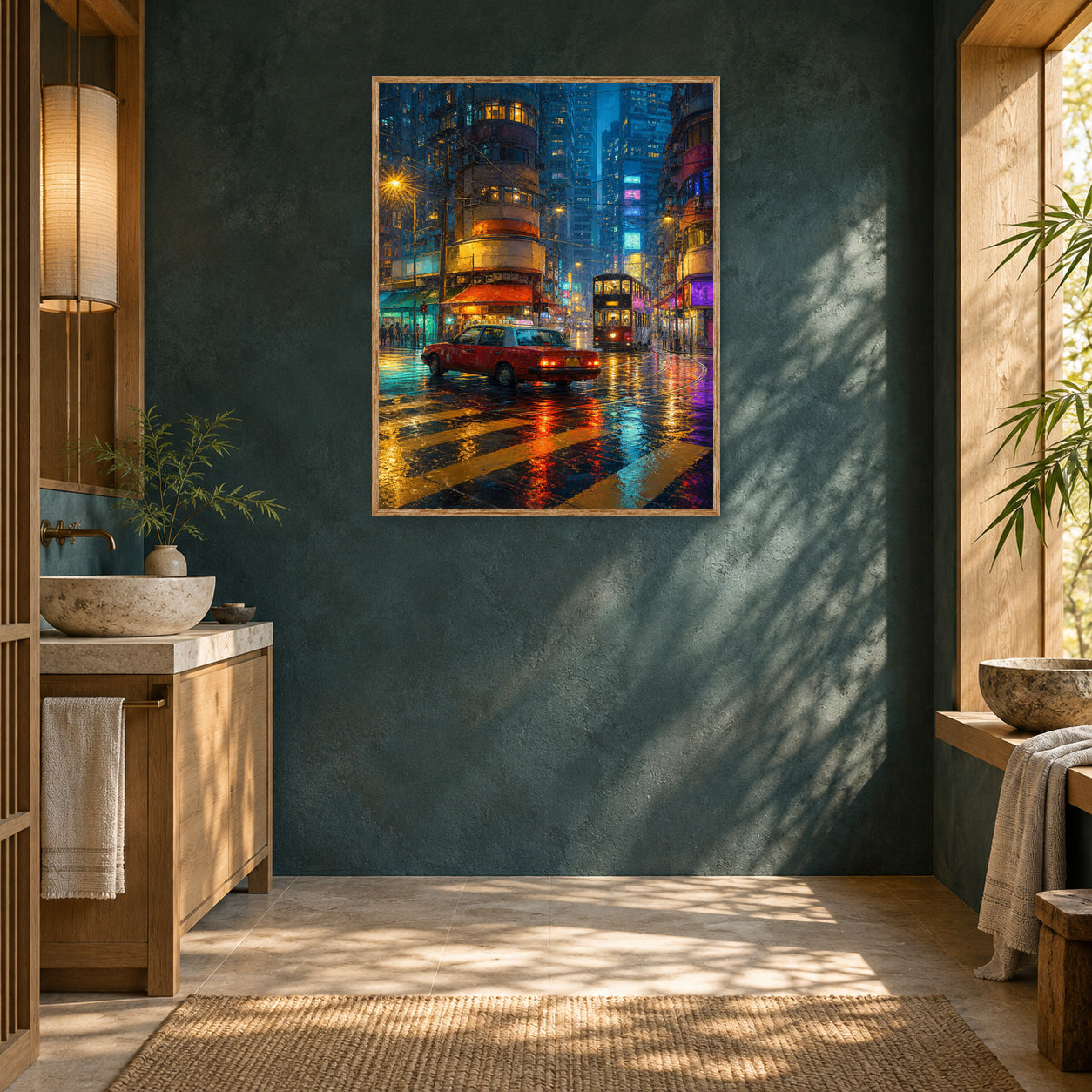 Kowloon Blue Hour Tram Street Wall Art Print room mockup 2