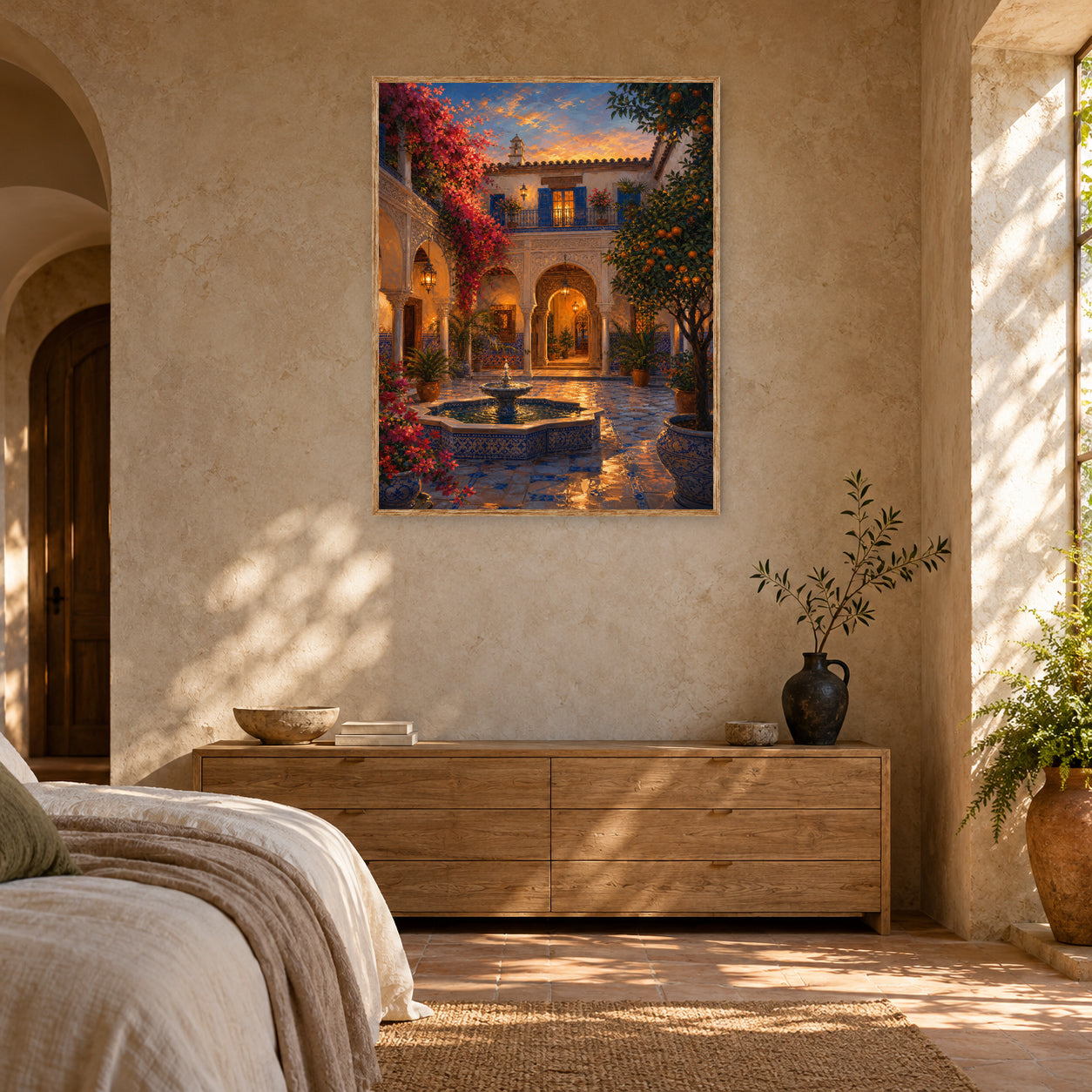 Spanish Courtyard Fountain Night Wall Art Print room mockup 2
