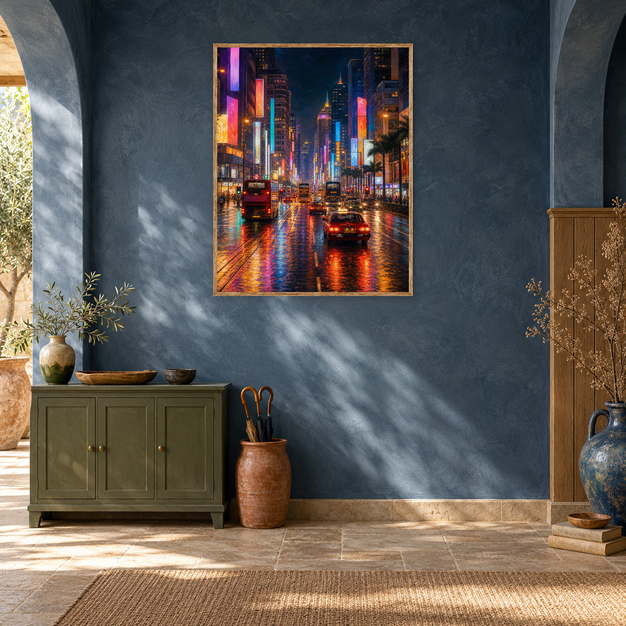 Tokyo Neon Rain Avenue Wall Art Print room mockup 2