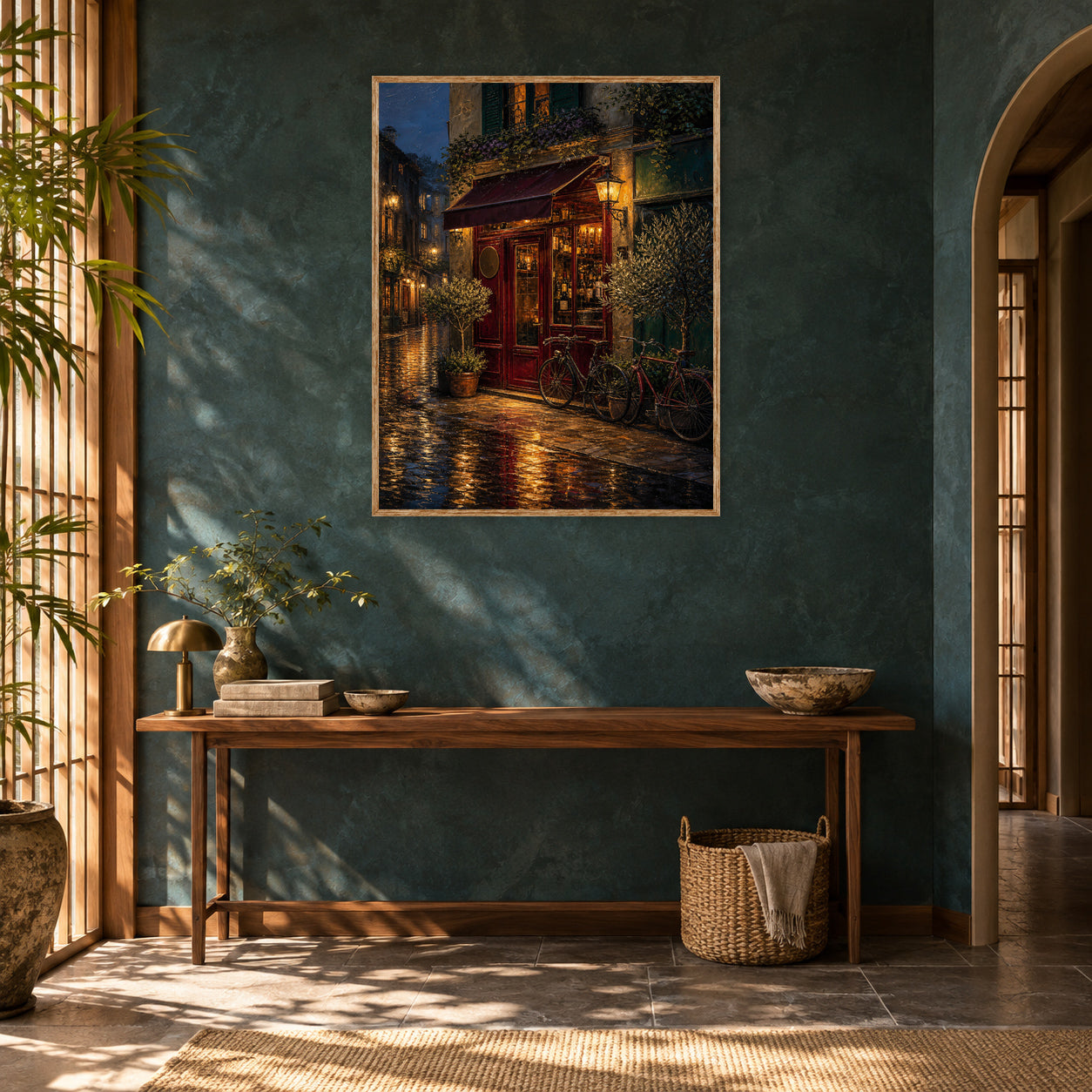 Rainy Red Awning Bistro Wall Art Print room mockup 2