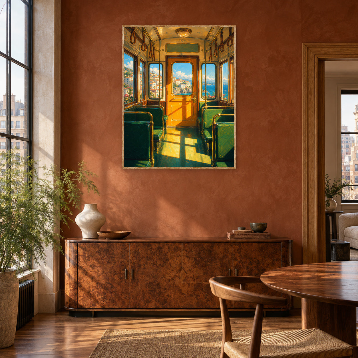 Vintage Green Train Interior Wall Art Print room mockup 2