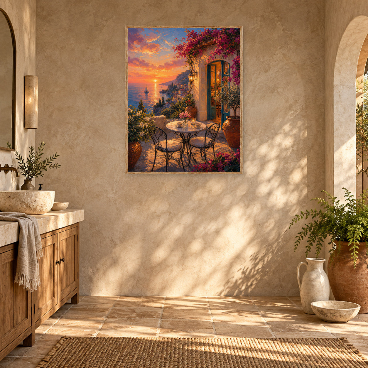Mediterranean Balcony Sunset Cafe Wall Art Print room mockup 2