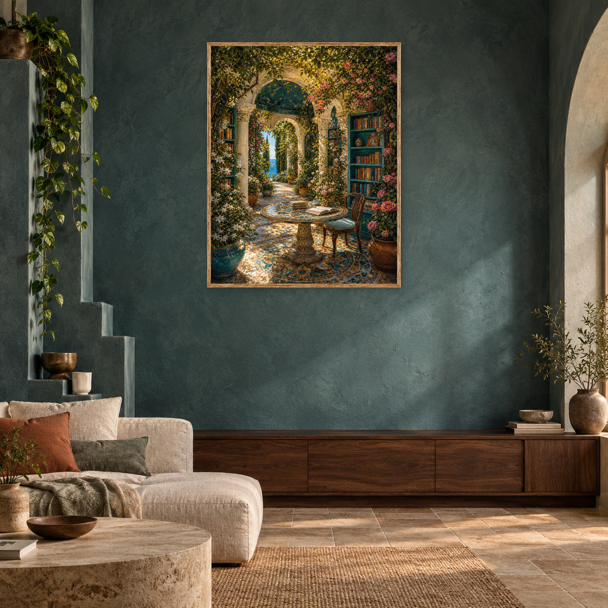 Mediterranean Fountain Courtyard Arch Wall Art Print room mockup 2