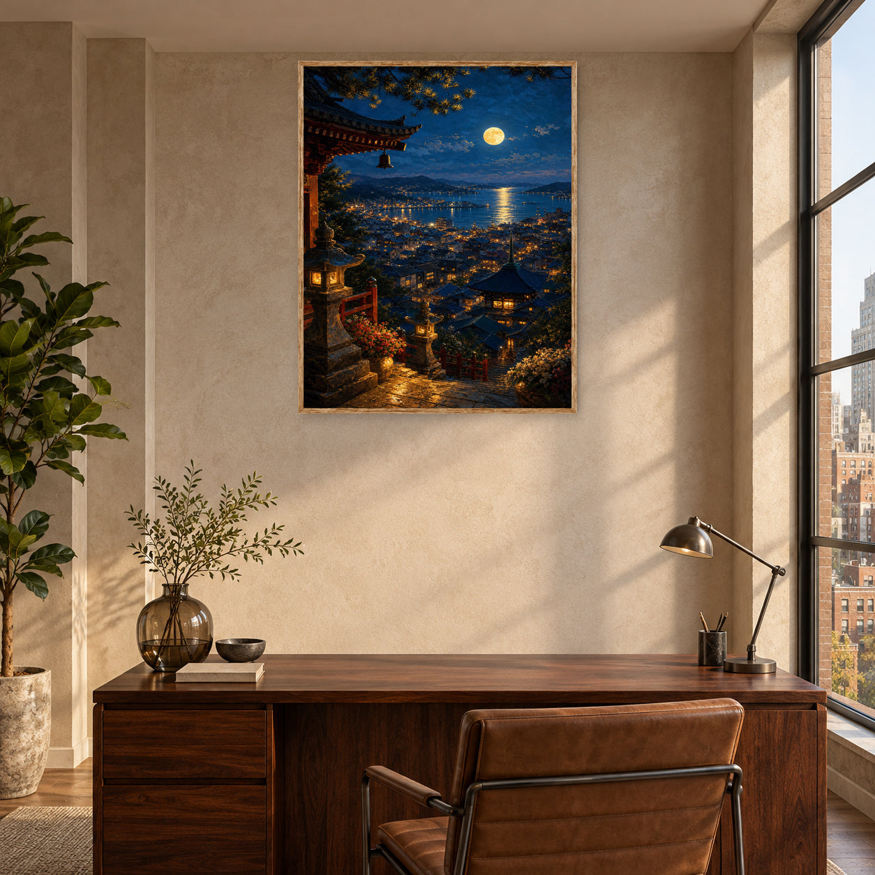 Moonlit Coastal Village Steps Wall Art Print room mockup 2