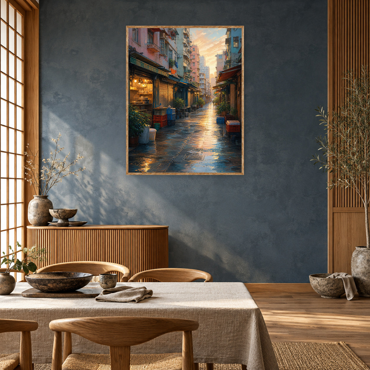 Rainy Old Town Alley Morning Wall Art Print room mockup 2
