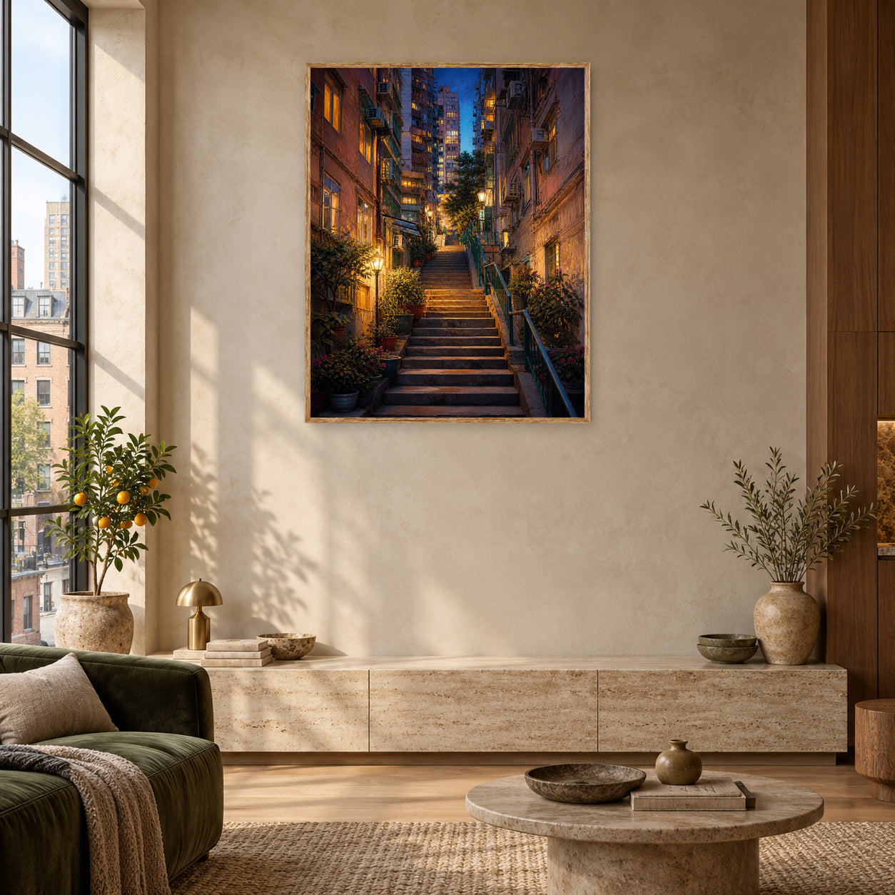 Lantern Stairway Rain Alley Wall Art Print room mockup 2