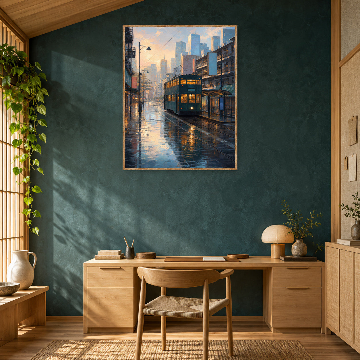 Rainy Waterfront Tram City Wall Art Print room mockup 2