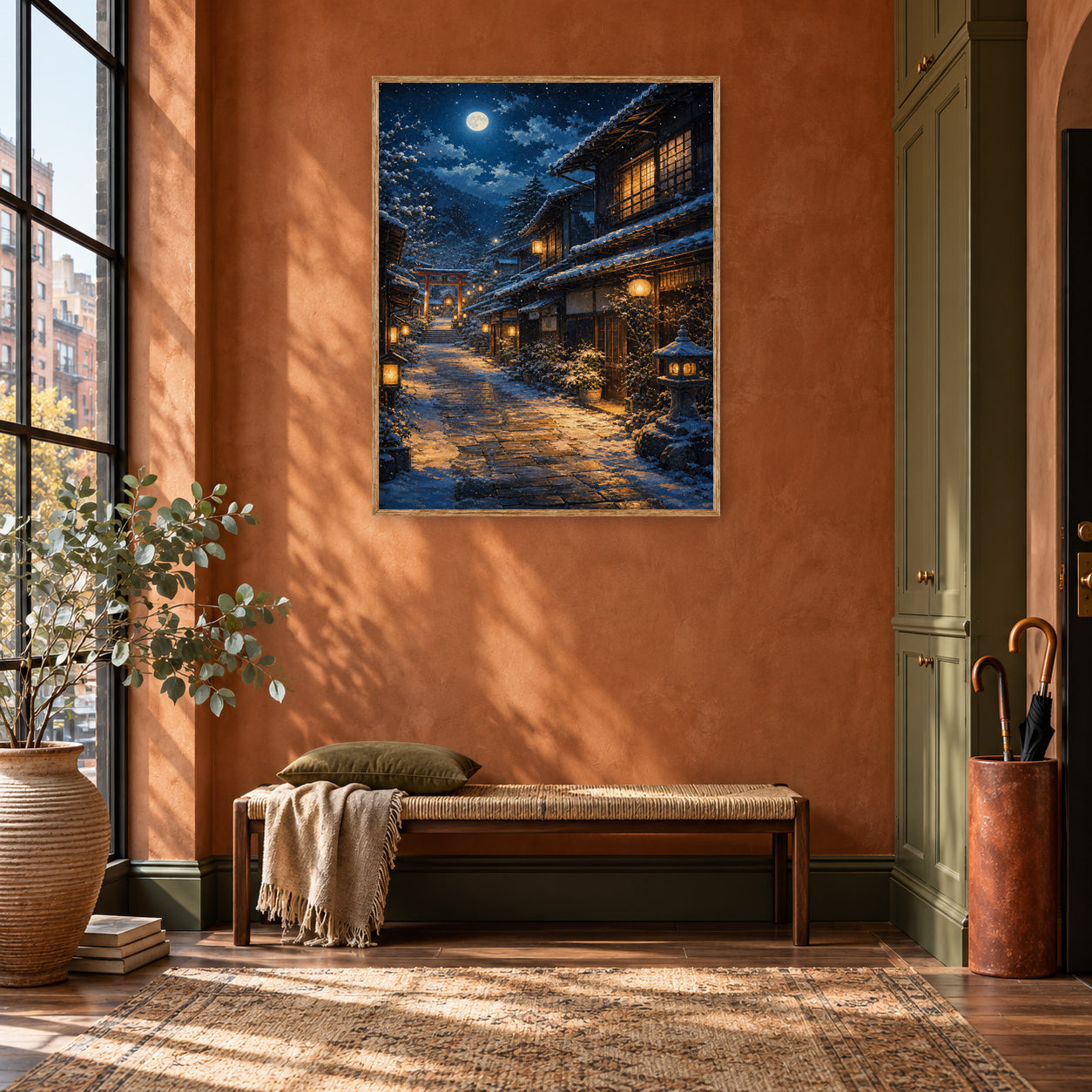 Snowy Mountain Village Moonlight Wall Art Print room mockup 2