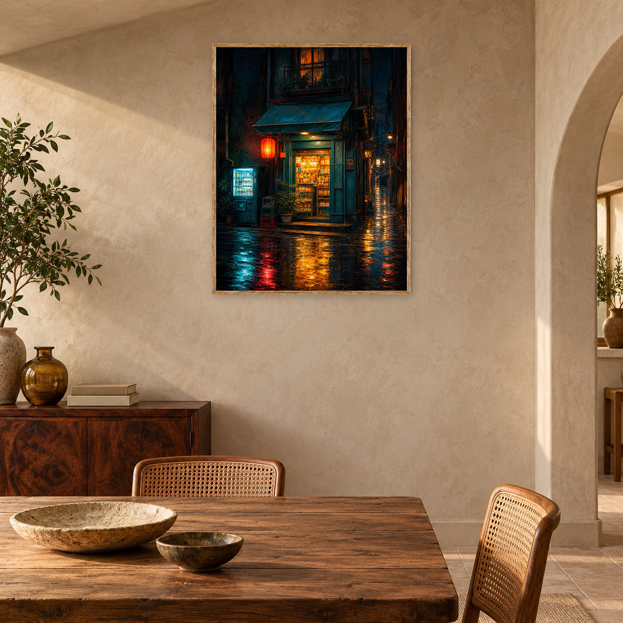 Rainy Green Door Noodle Shop Wall Art Print room mockup 2