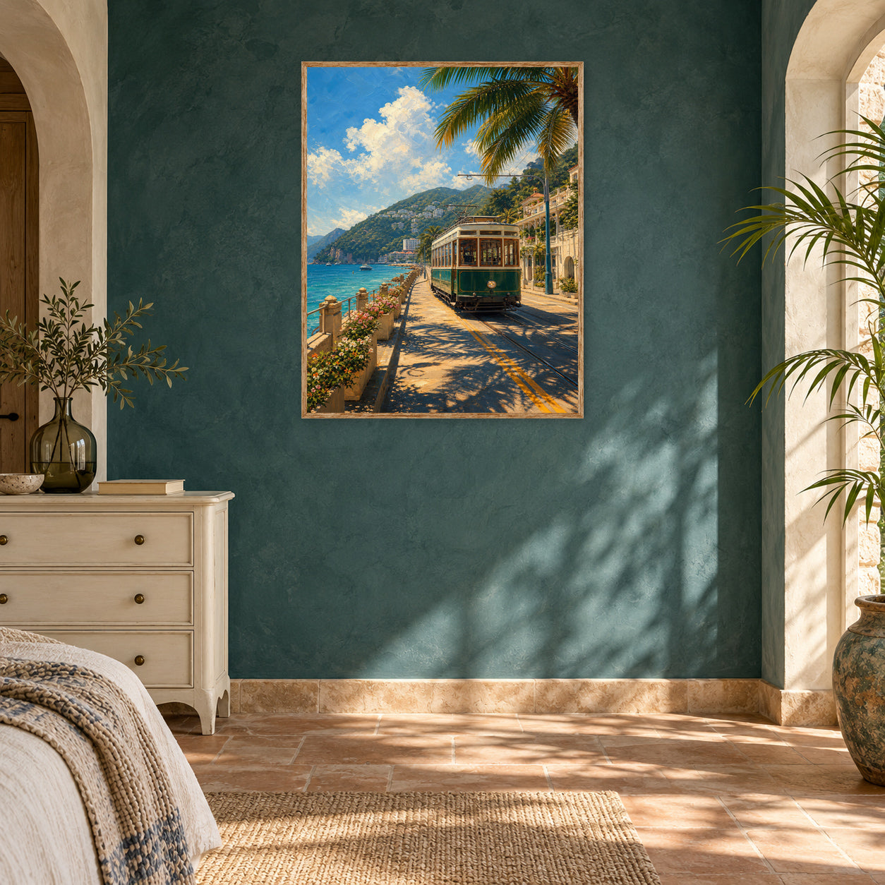 Seaside Tram Promenade Wall Art Print room mockup 2
