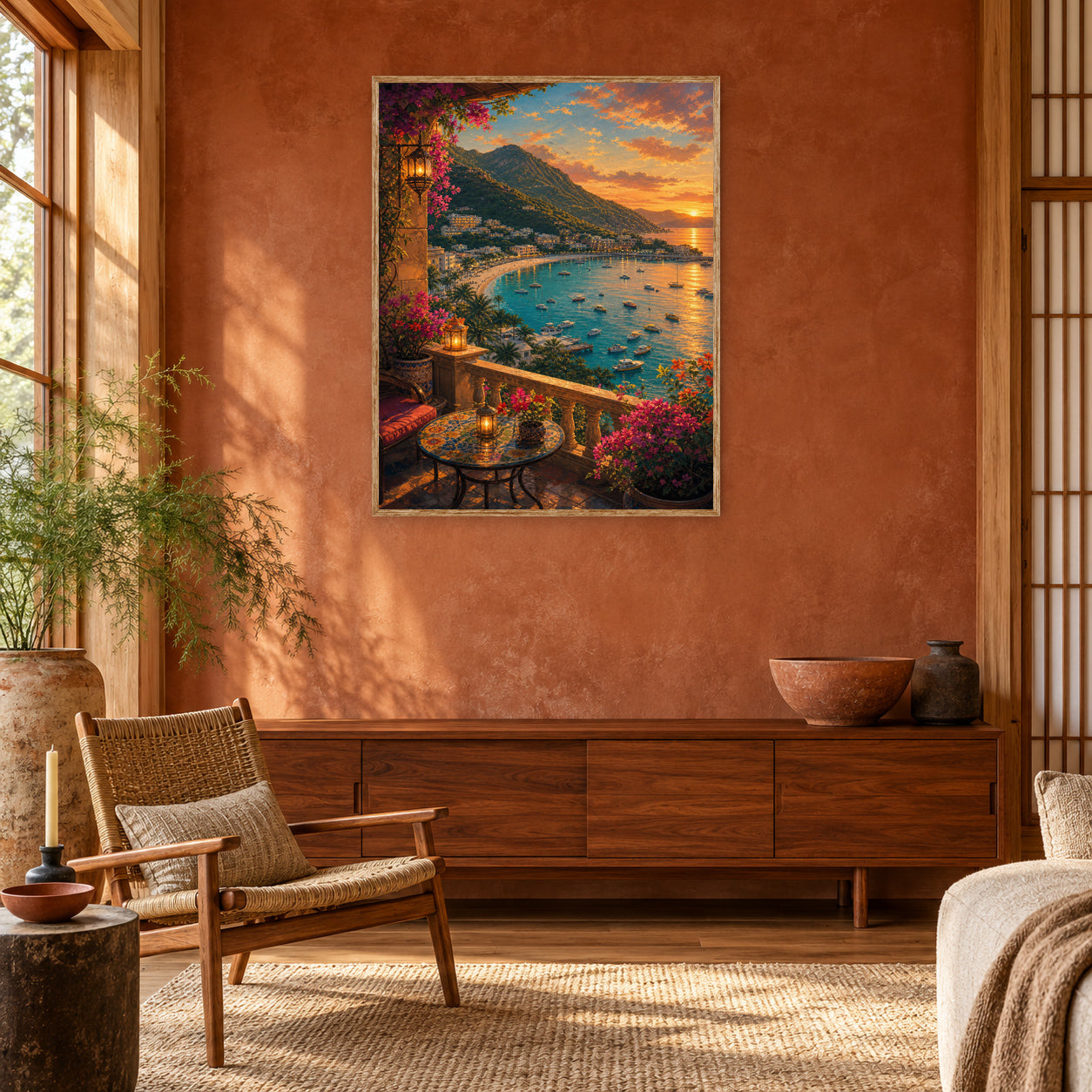 Sunset Bay Terrace Cafe Wall Art Print room mockup 2