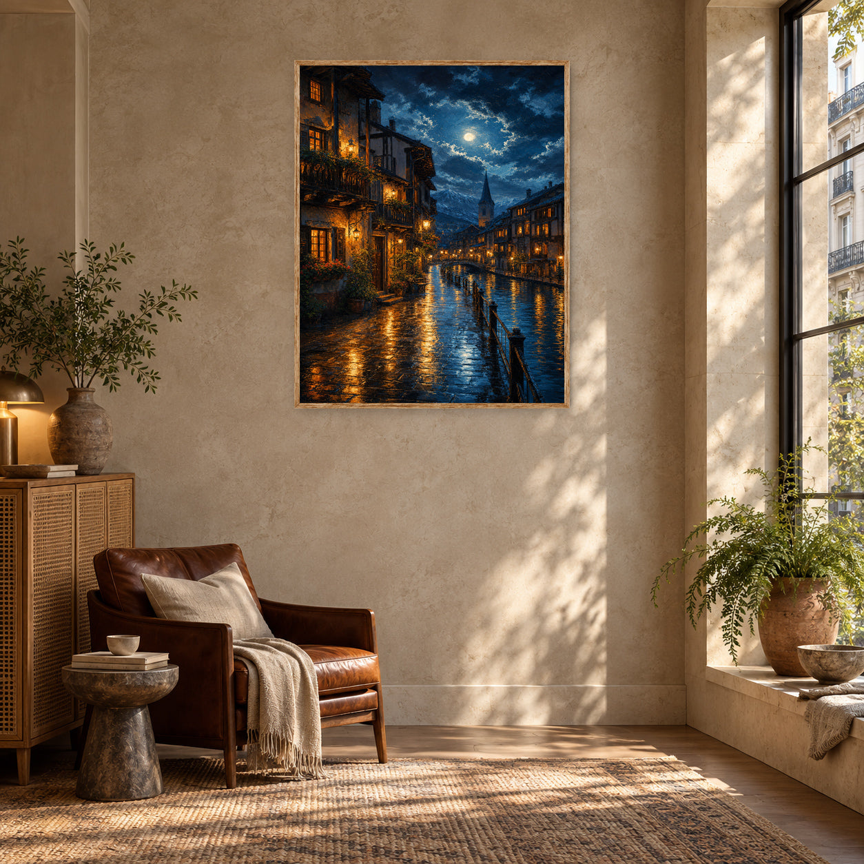 Moonlit Canal Rain Street Wall Art Print room mockup 2