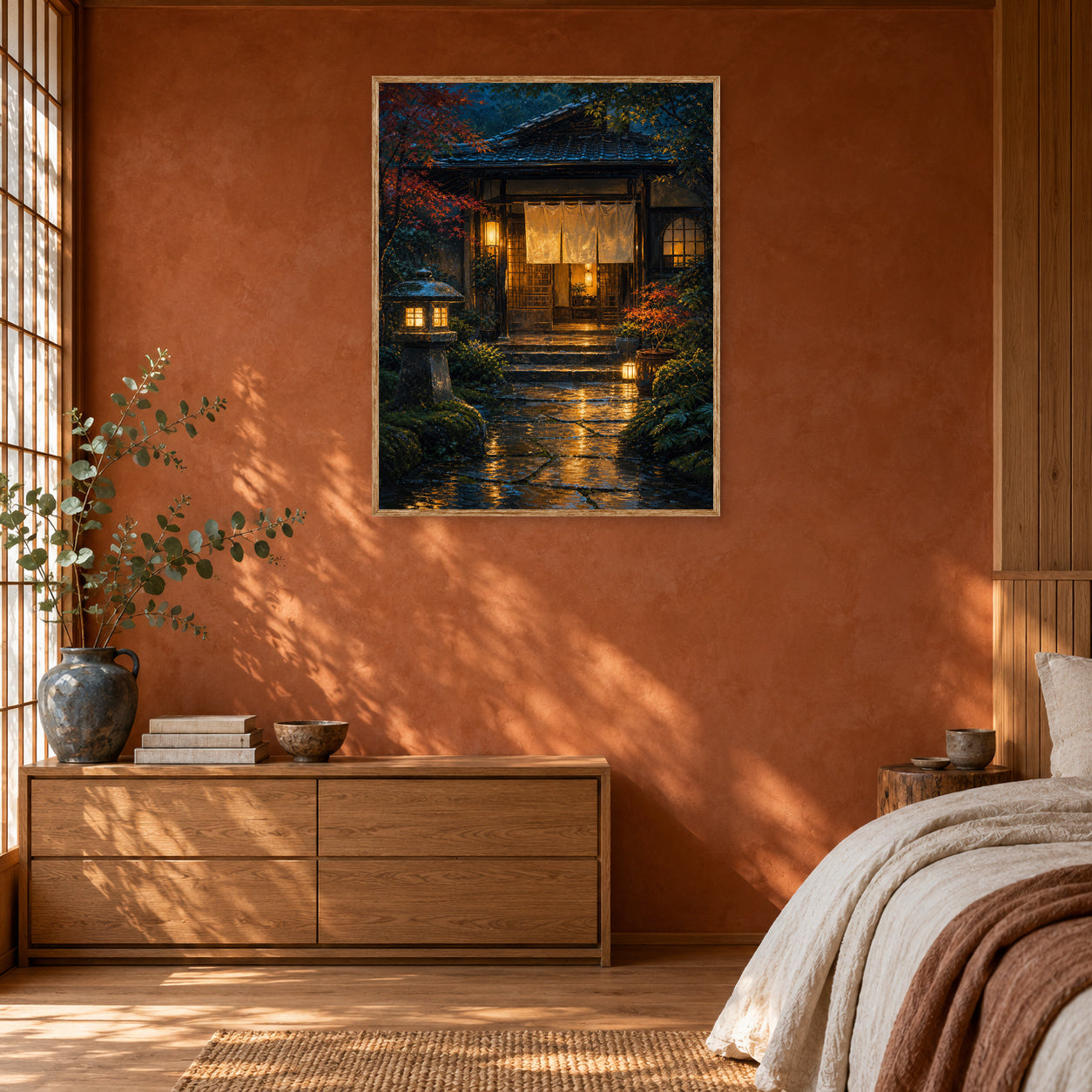 Rainy Japanese Garden Teahouse Wall Art Print room mockup 2