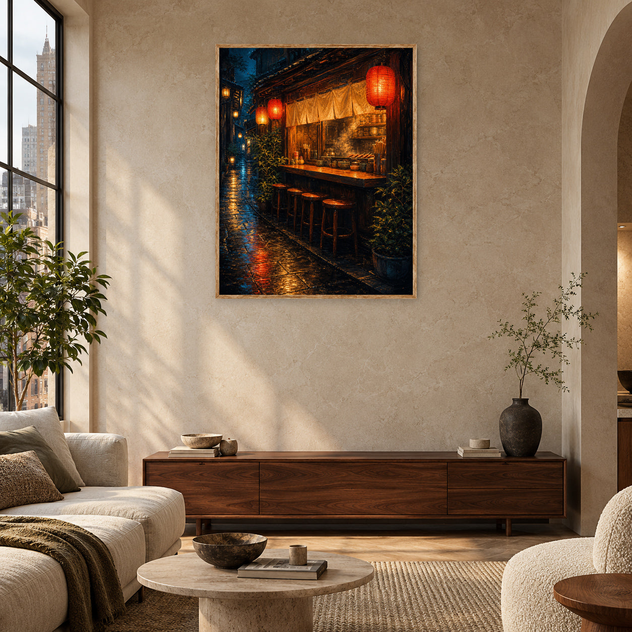 Red Lantern Rain Bar Counter Wall Art Print room mockup 2
