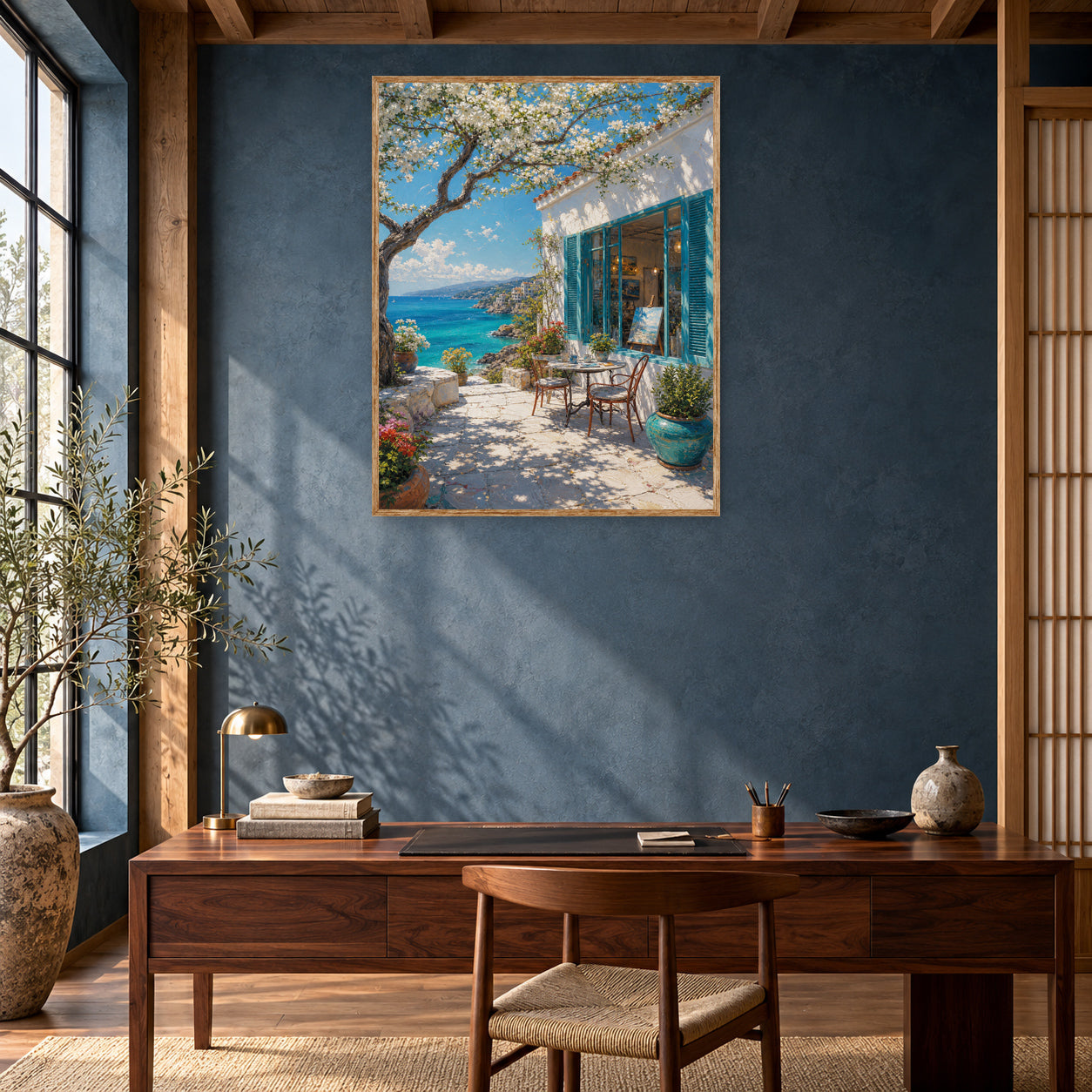 Aegean Blue Door Sea Patio Wall Art Print room mockup 2