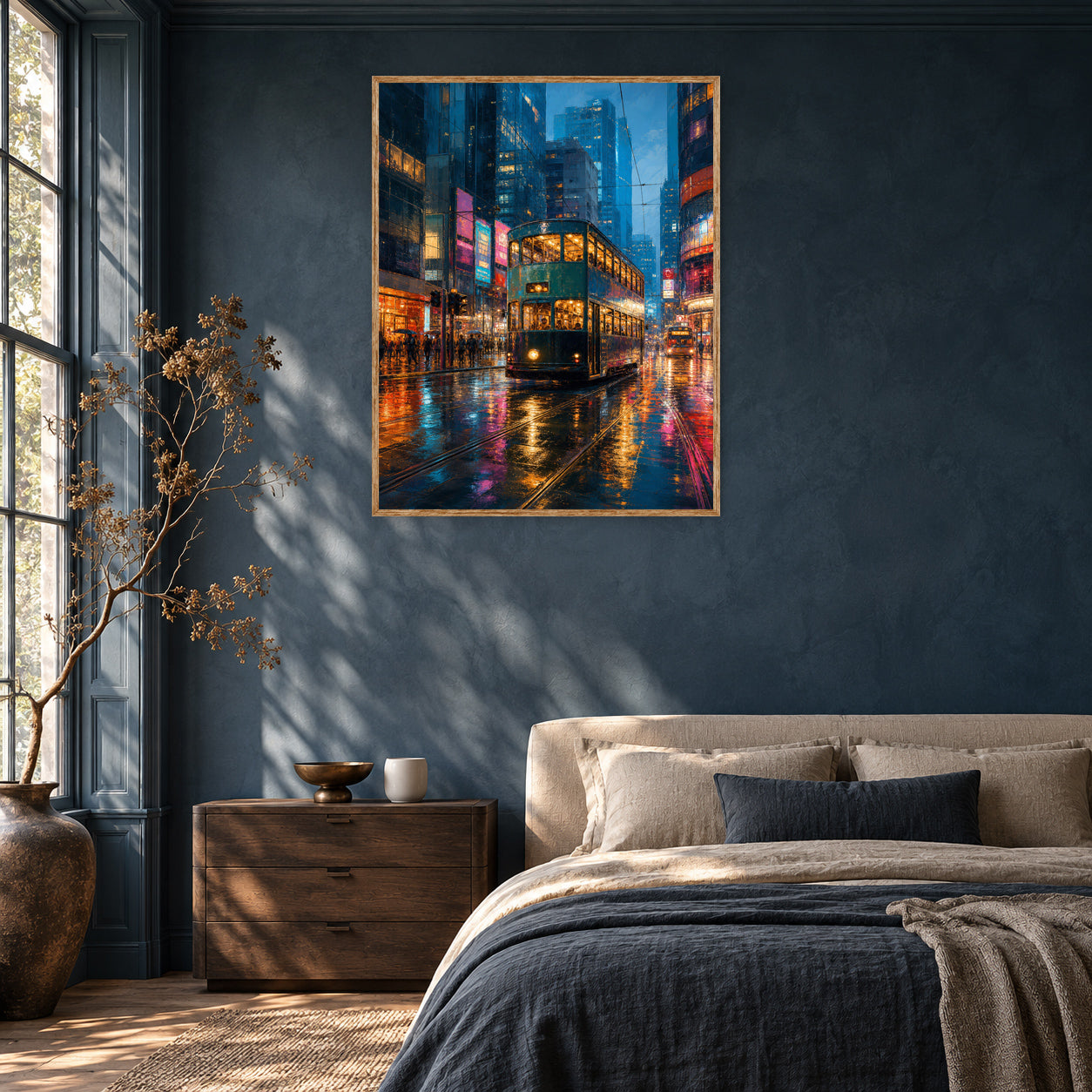 Neon Bus Rain Avenue Wall Art Print room mockup 2
