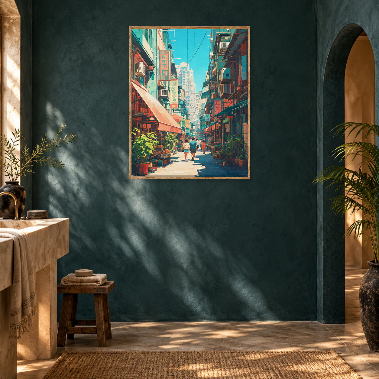 Hong Kong Crimson Awning Street Wall Art Print room mockup 2