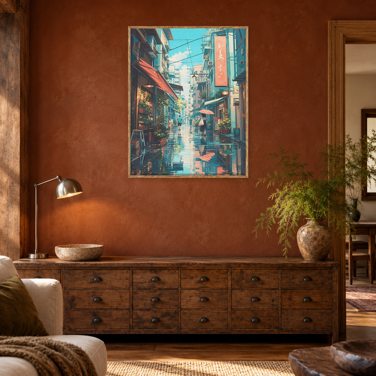 Hong Kong Blue Rain Market Alley Wall Art Print room mockup 2