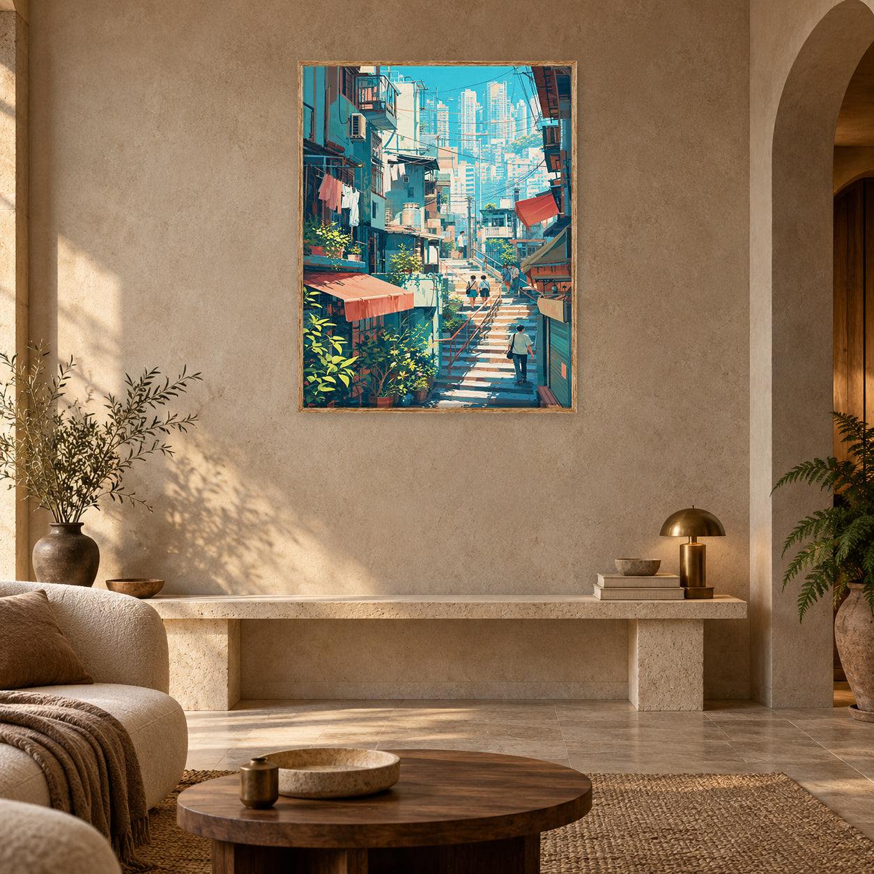 Hong Kong Hillside Stairway Skyline Wall Art Print room mockup 2