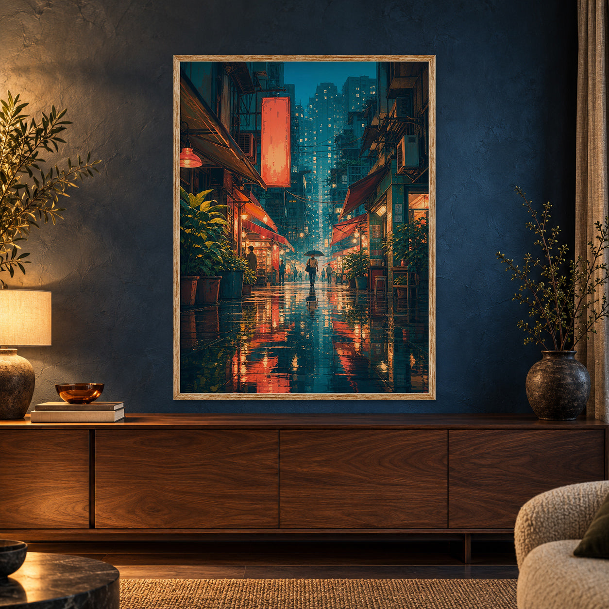 Hong Kong Rainlit Alley Glow poster framed room mockup by Seji Art
