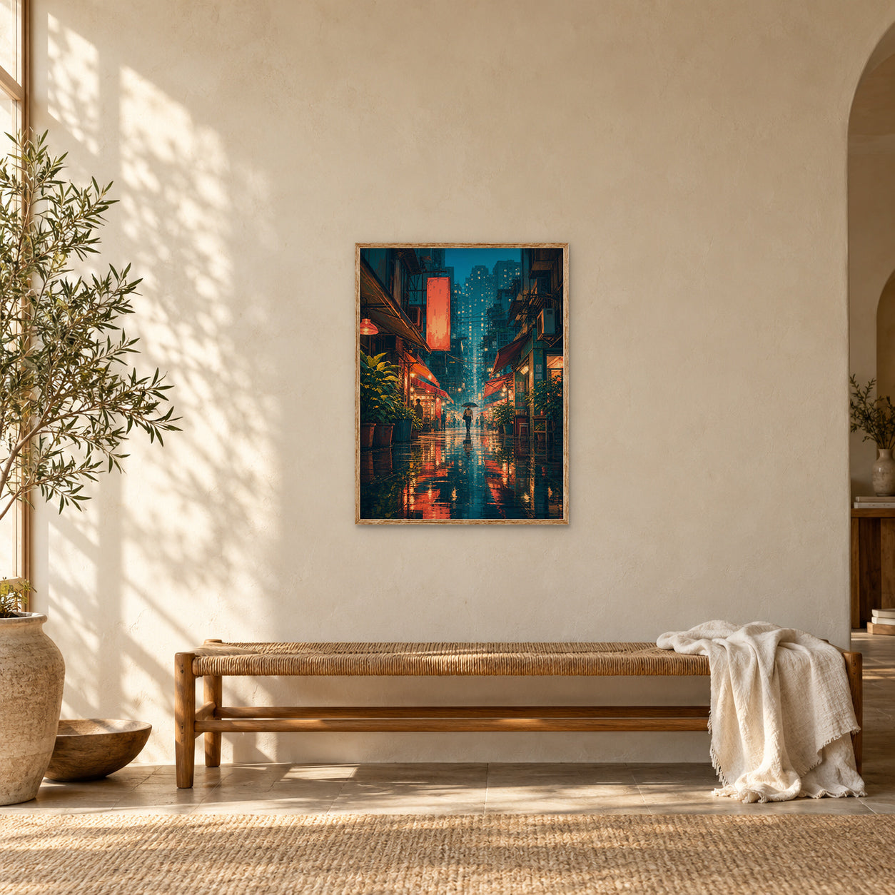Hong Kong Rainlit Alley Glow poster gallery shelf mockup by Seji Art
