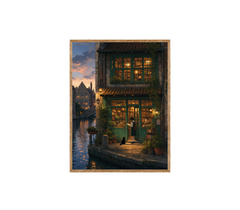 Amsterdam Canal Bookstore Twilight Wall Art Print poster original preview