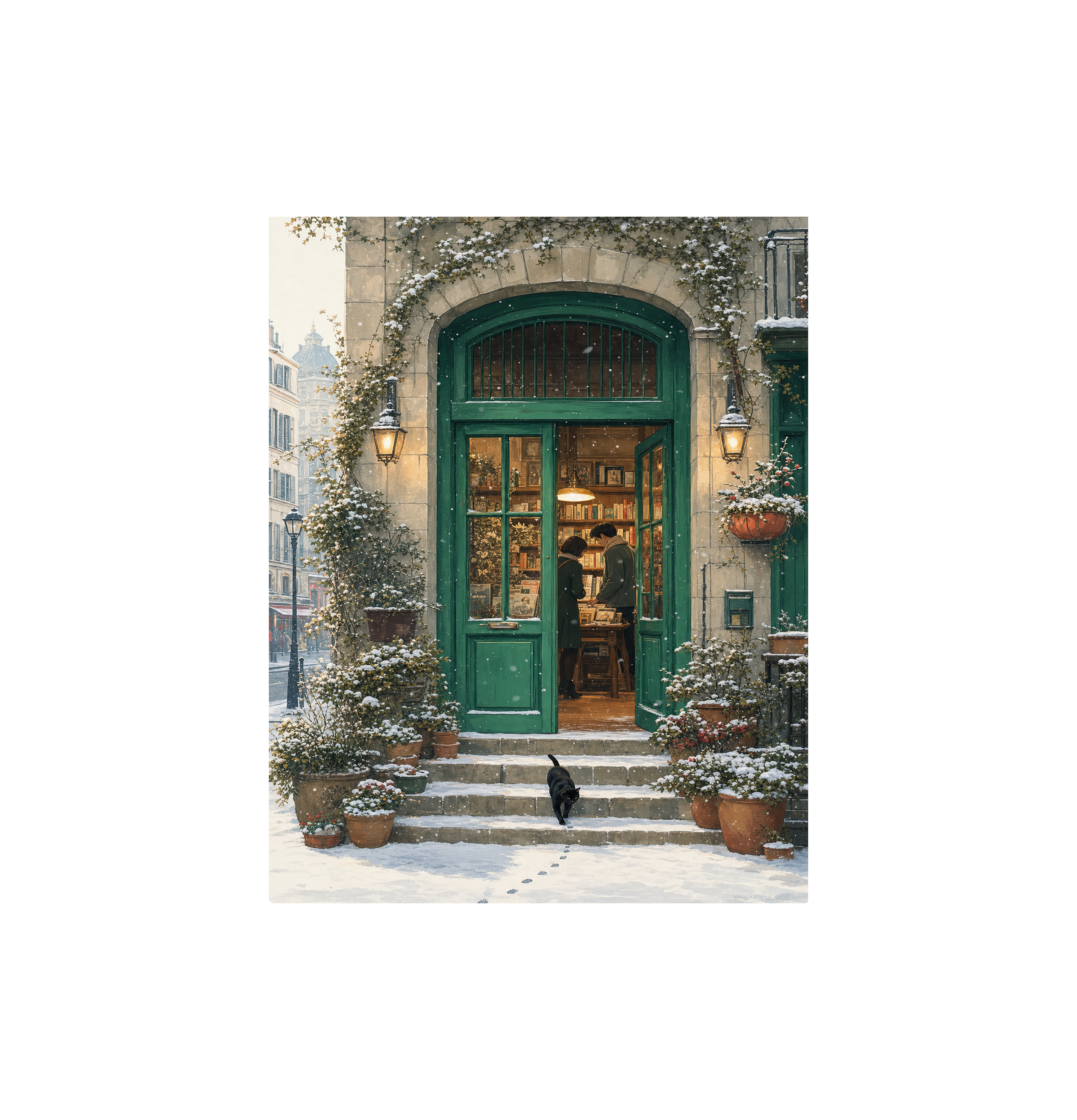 Bruges Snowy Green Door Bookstore Wall Art Print