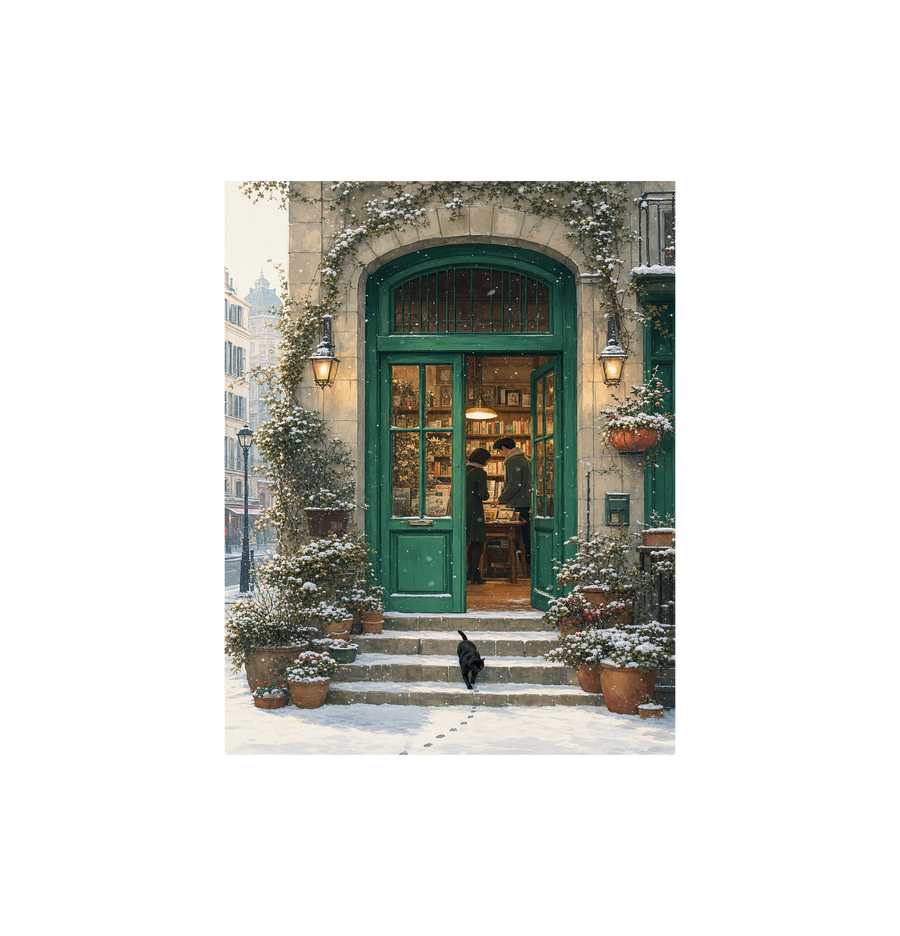 Bruges Snowy Green Door Bookstore Wall Art Print