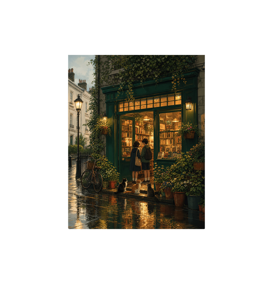 Paris Rainy Bookstore Evening Wall Art Print