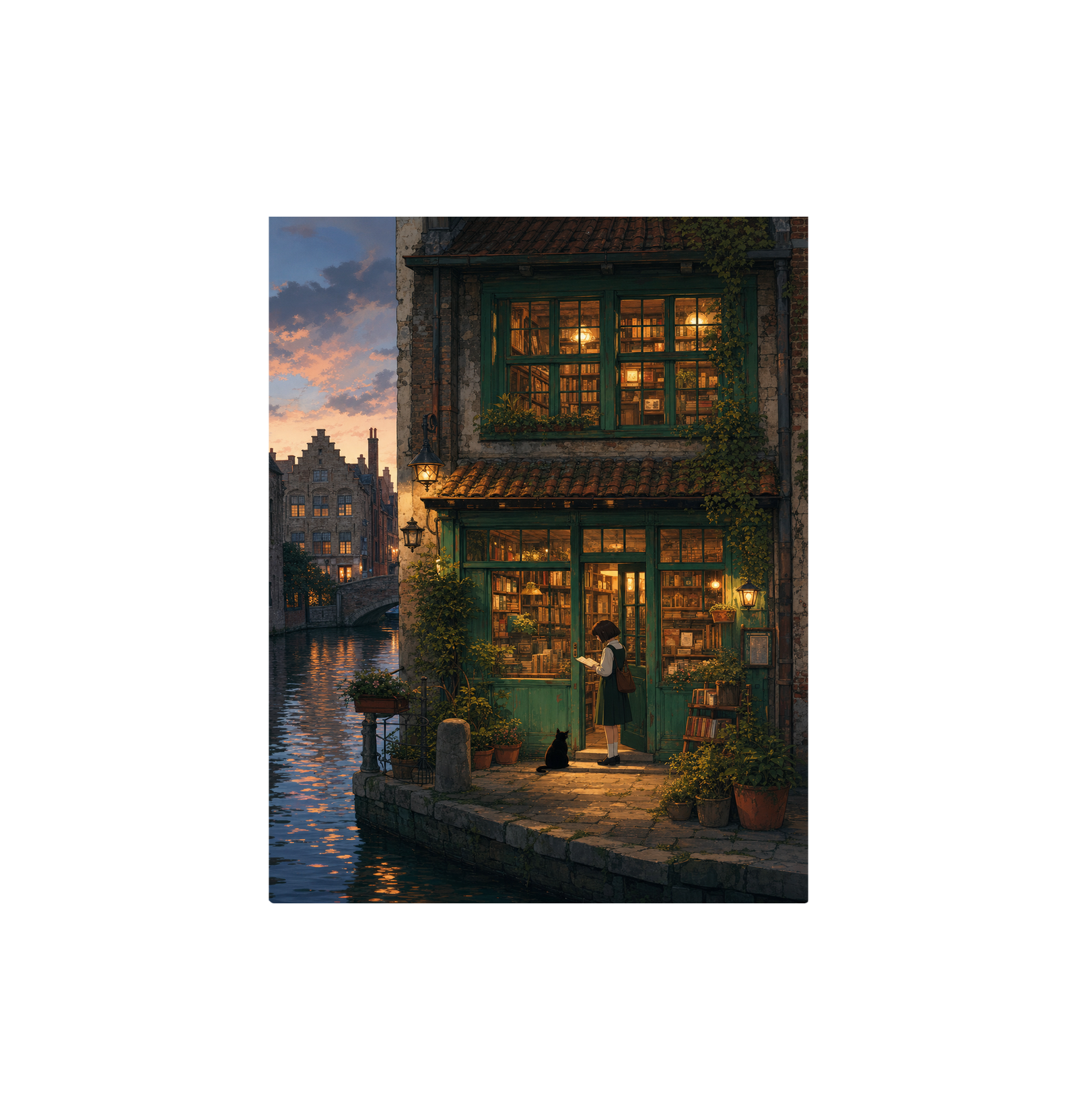Amsterdam Canal Bookstore Twilight Wall Art Print